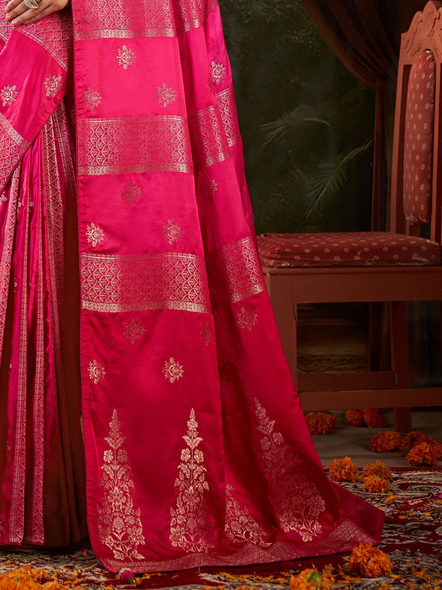 Women's Satin Silk Pink Woven Design Designer Saree With Blouse Piece