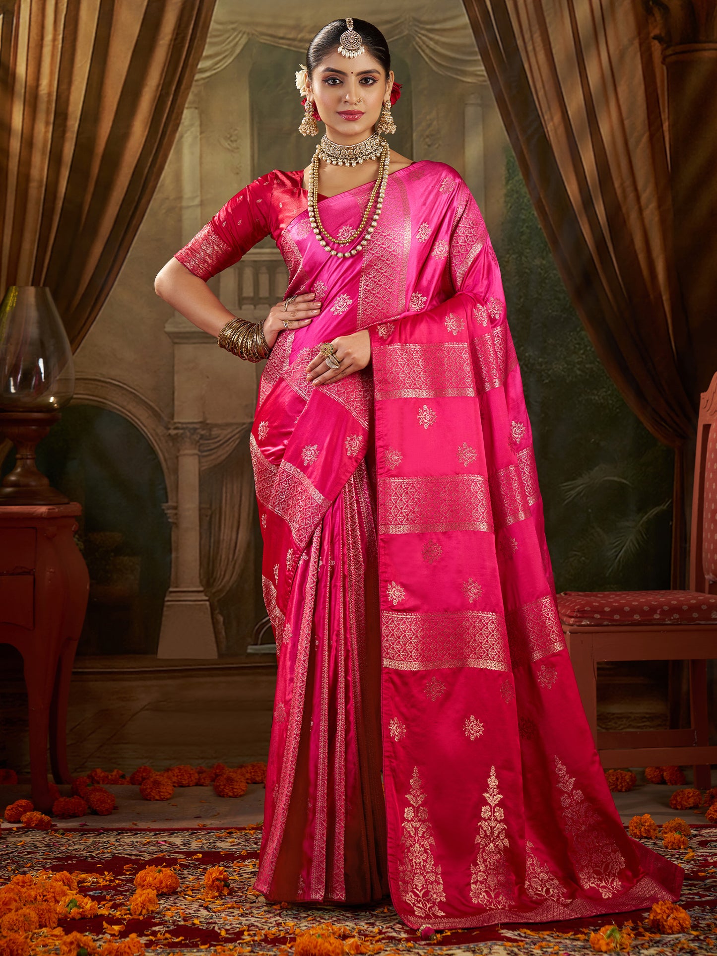 Women's Satin Silk Pink Woven Design Designer Saree With Blouse Piece