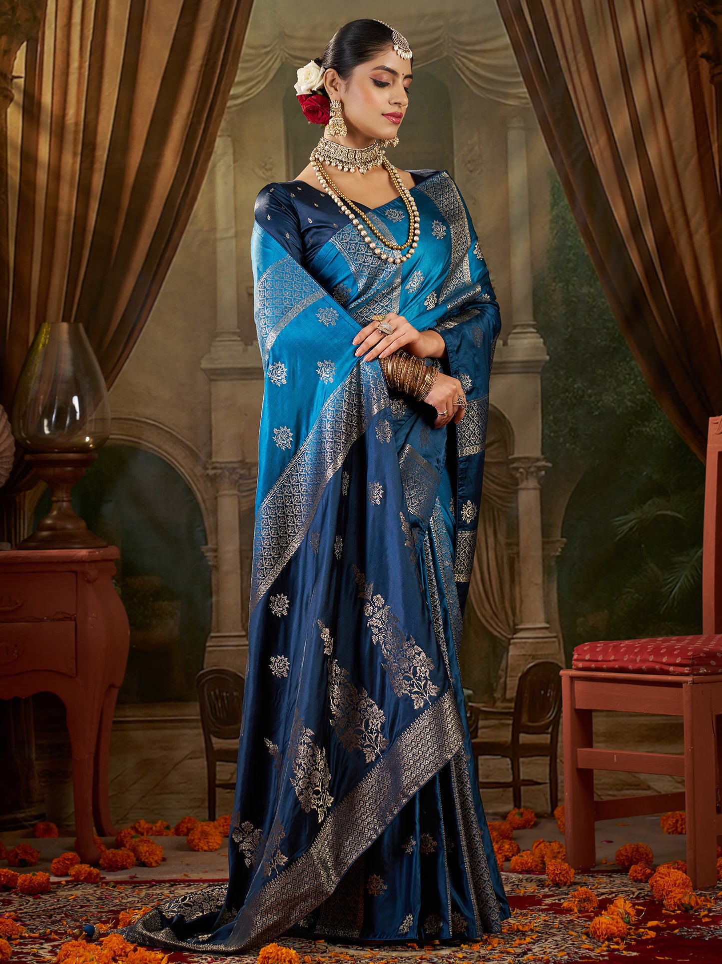 Women's Satin Silk Light Blue Woven Design Designer Saree With Blouse Piece