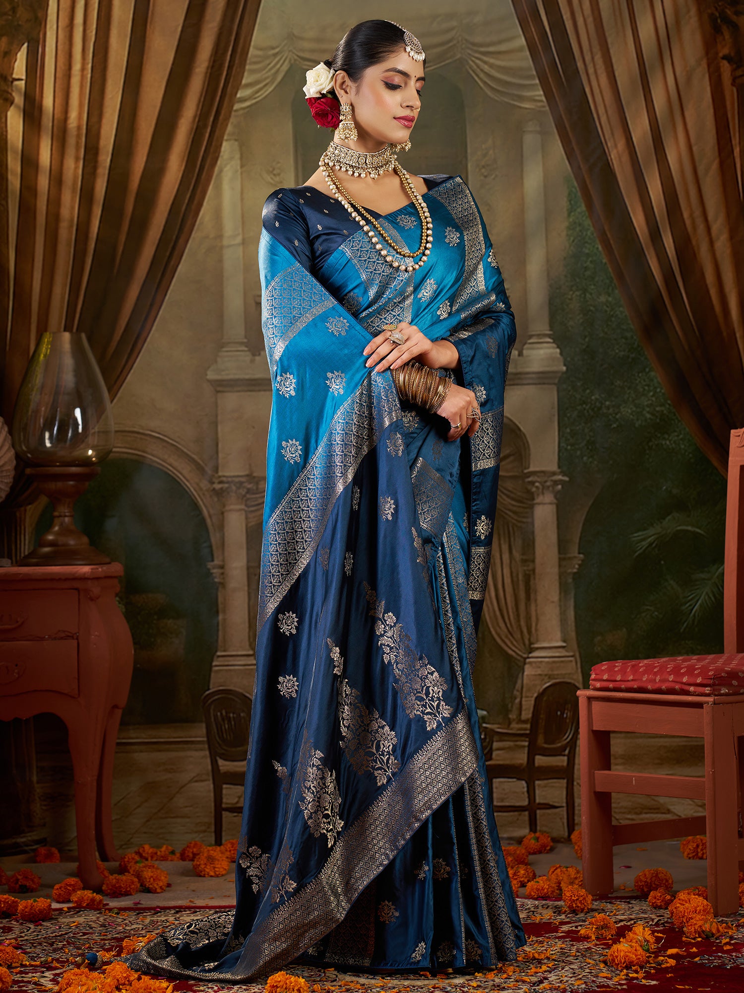 Women's Satin Silk Light Blue Woven Design Designer Saree With Blouse Piece
