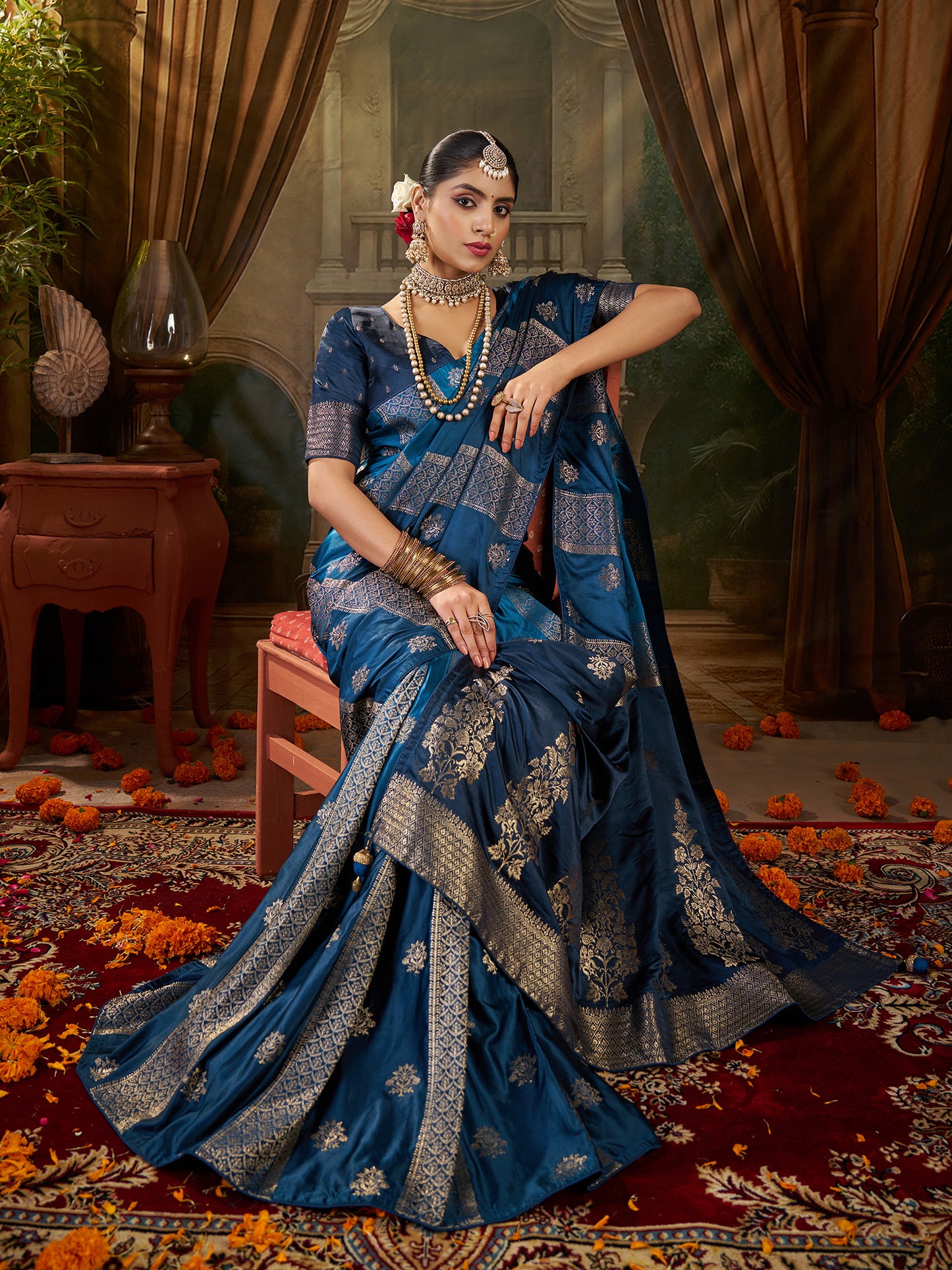 Women's Satin Silk Light Blue Woven Design Designer Saree With Blouse Piece