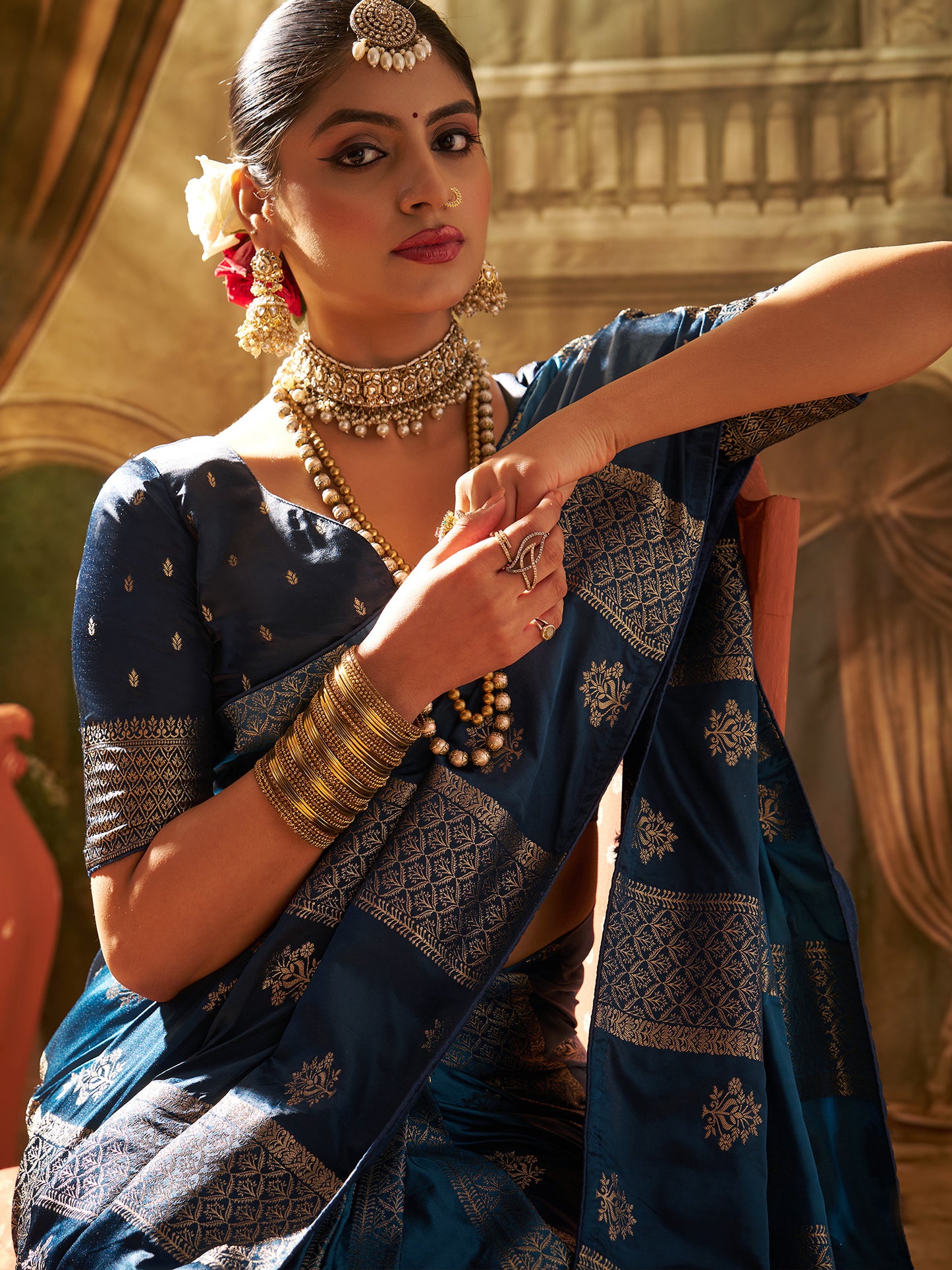 Women's Satin Silk Light Blue Woven Design Designer Saree With Blouse Piece