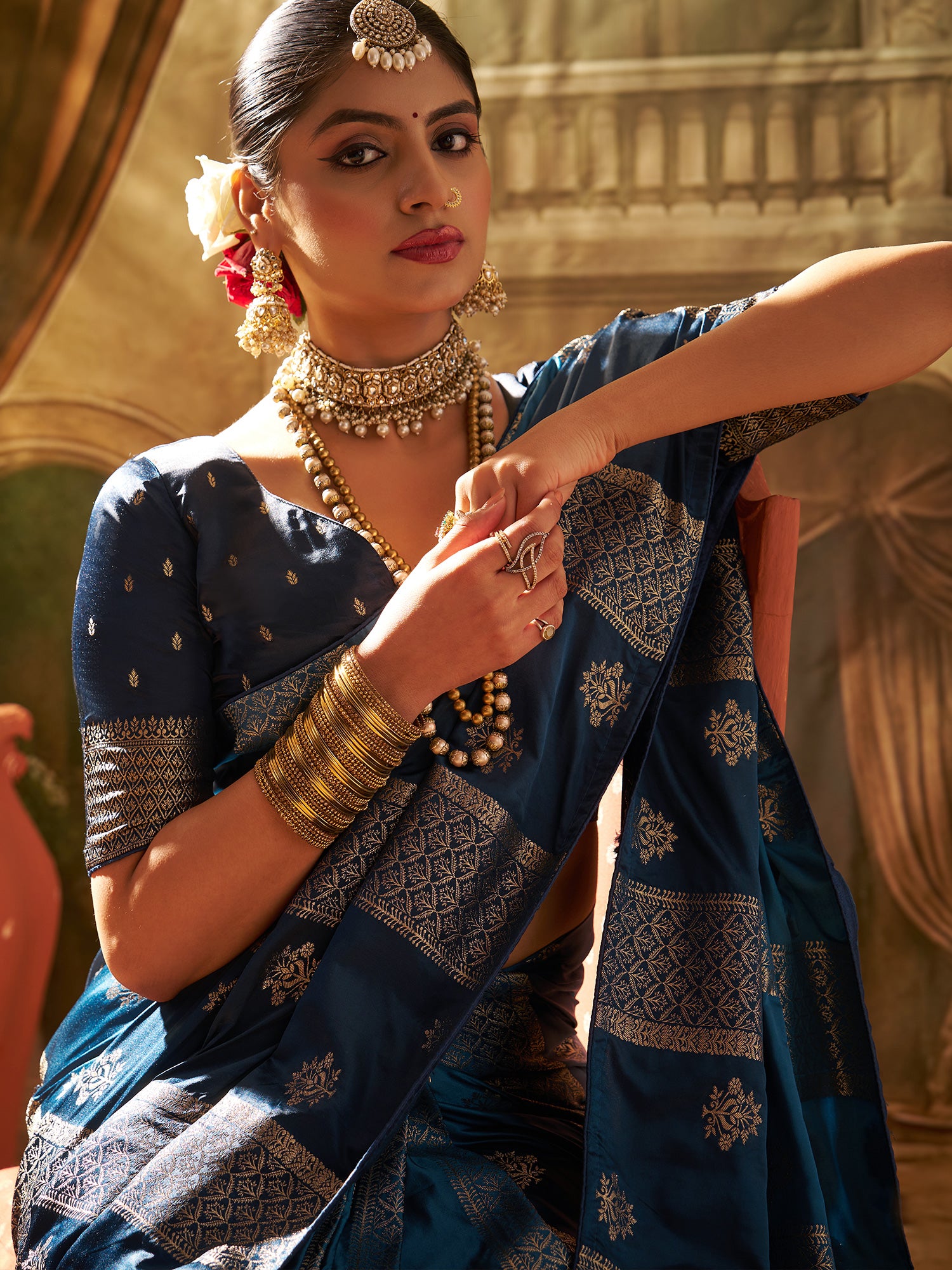 Women's Satin Silk Light Blue Woven Design Designer Saree With Blouse Piece
