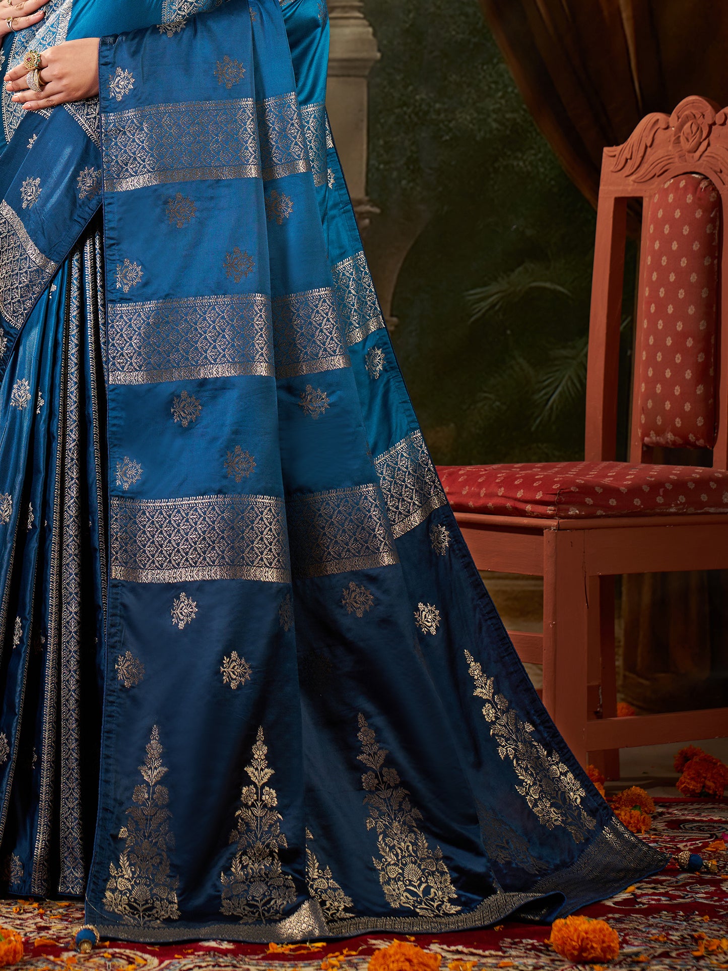 Women's Satin Silk Light Blue Woven Design Designer Saree With Blouse Piece