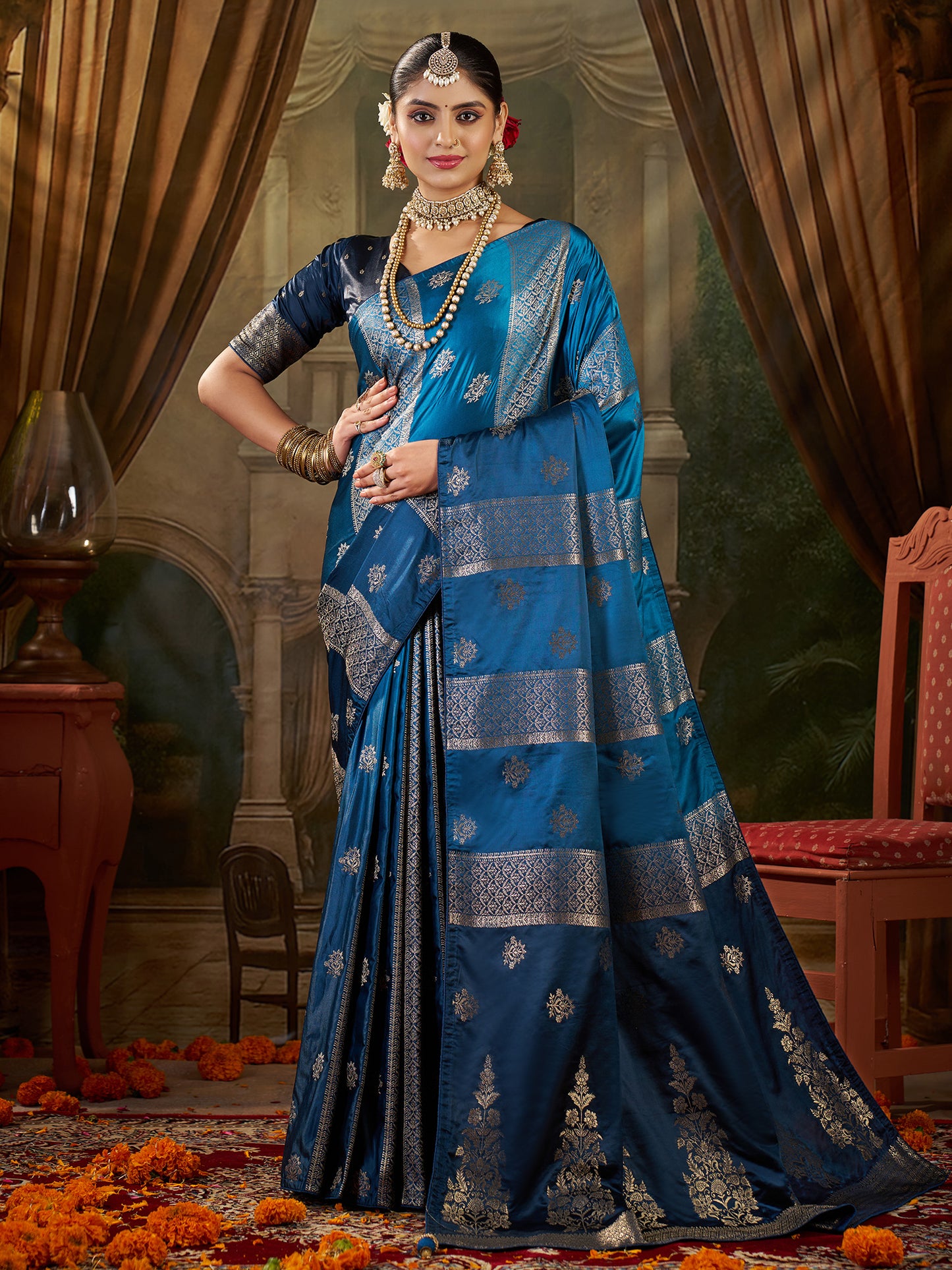 Women's Satin Silk Light Blue Woven Design Designer Saree With Blouse Piece
