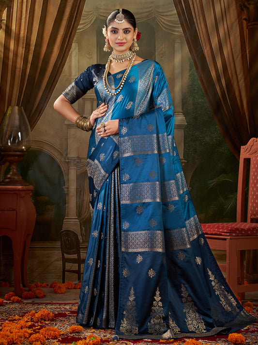 Women's Satin Silk Light Blue Woven Design Designer Saree With Blouse Piece