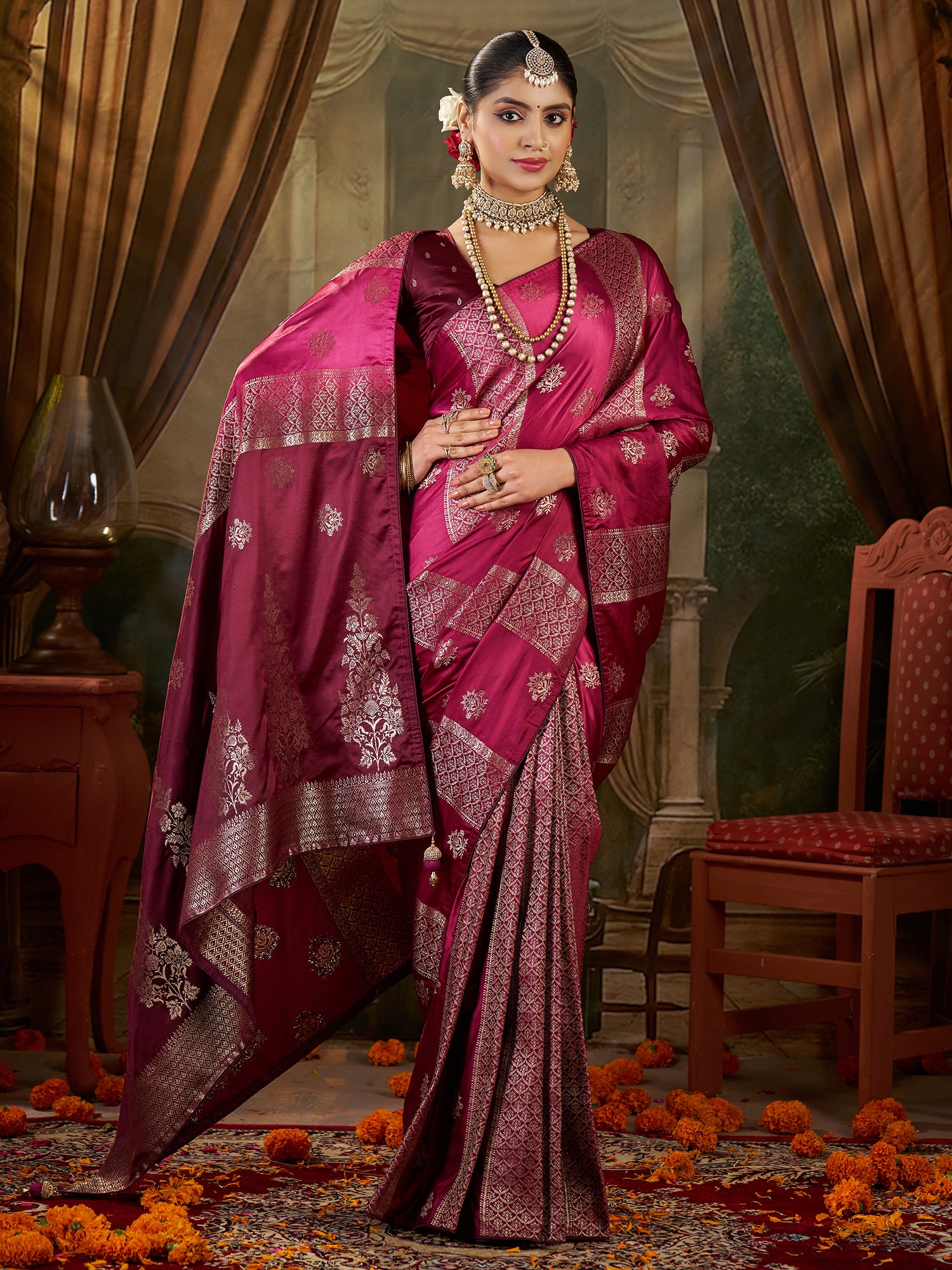 Women's Satin Silk Magenta Woven Design Designer Saree With Blouse Piece