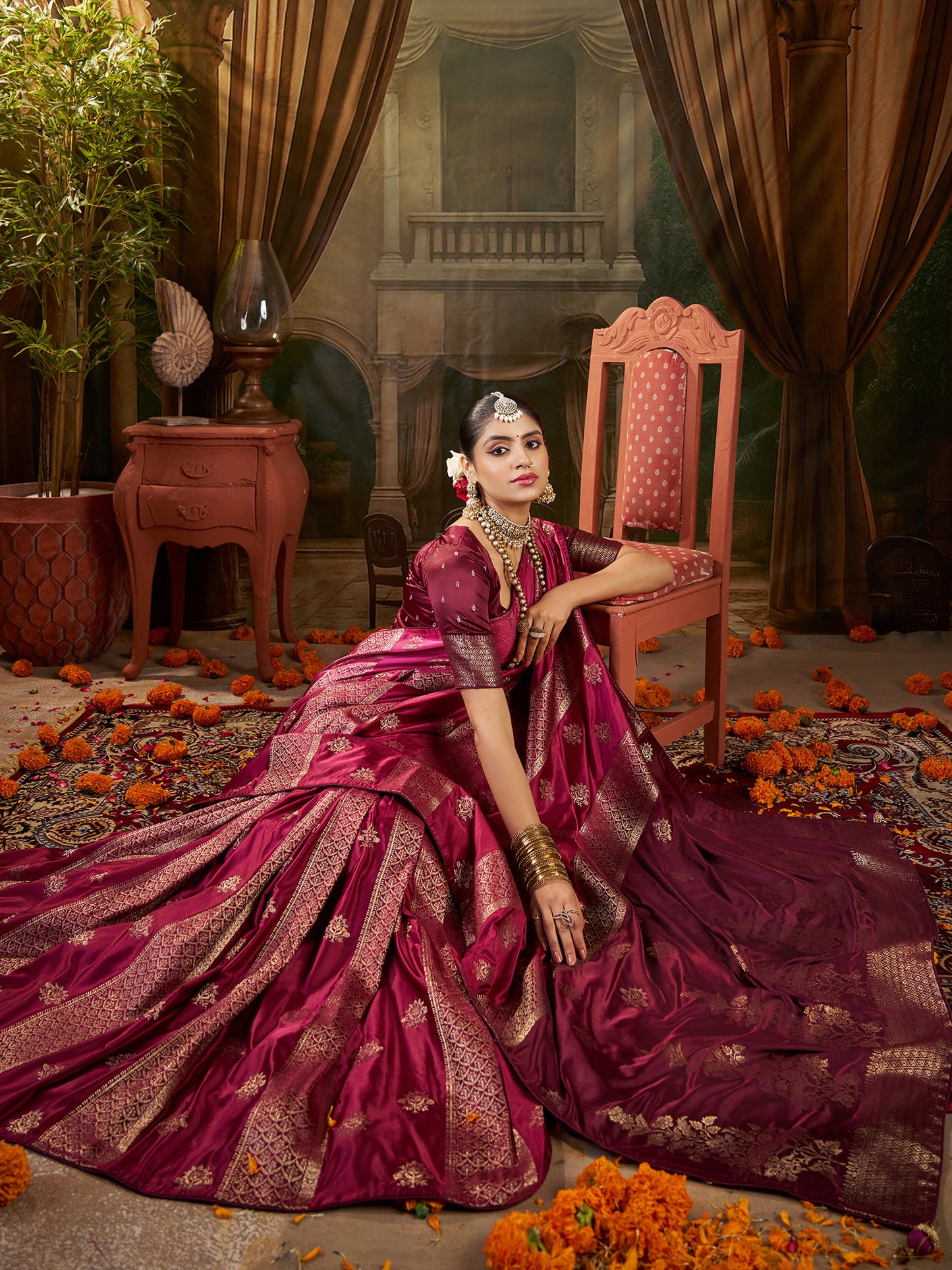 Women's Satin Silk Magenta Woven Design Designer Saree With Blouse Piece