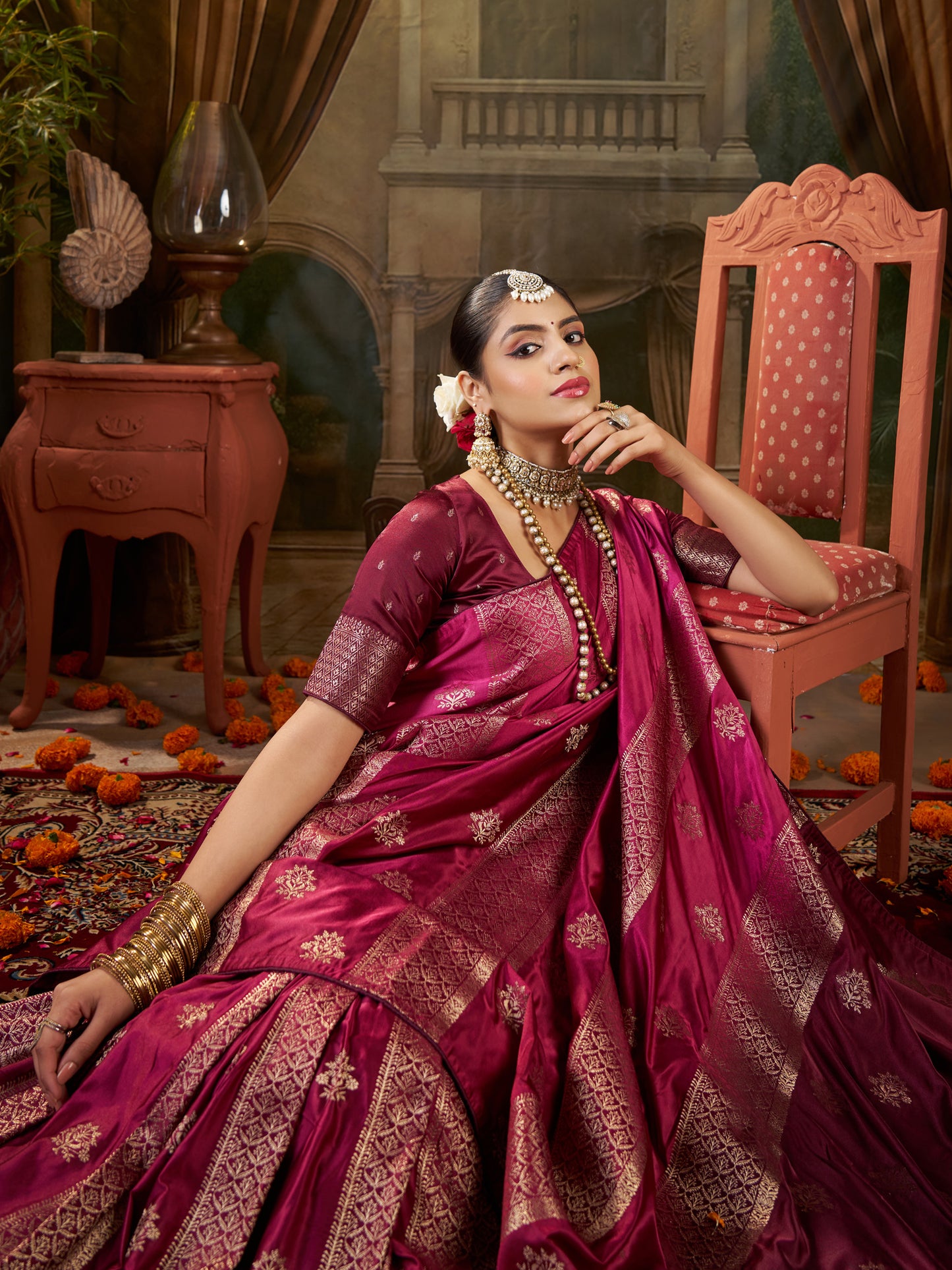 Women's Satin Silk Magenta Woven Design Designer Saree With Blouse Piece