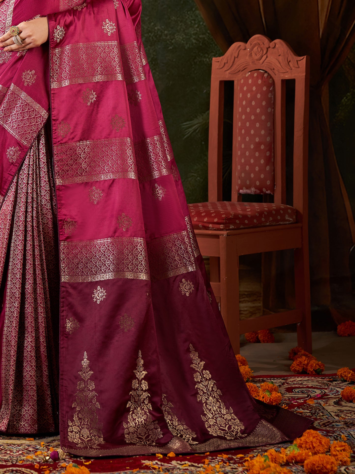Women's Satin Silk Magenta Woven Design Designer Saree With Blouse Piece