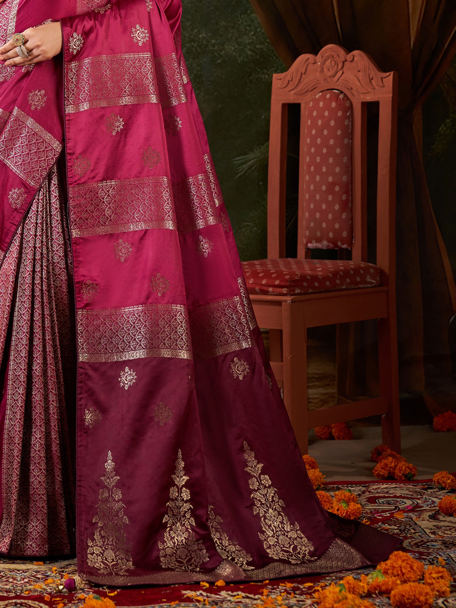 Women's Satin Silk Magenta Woven Design Designer Saree With Blouse Piece