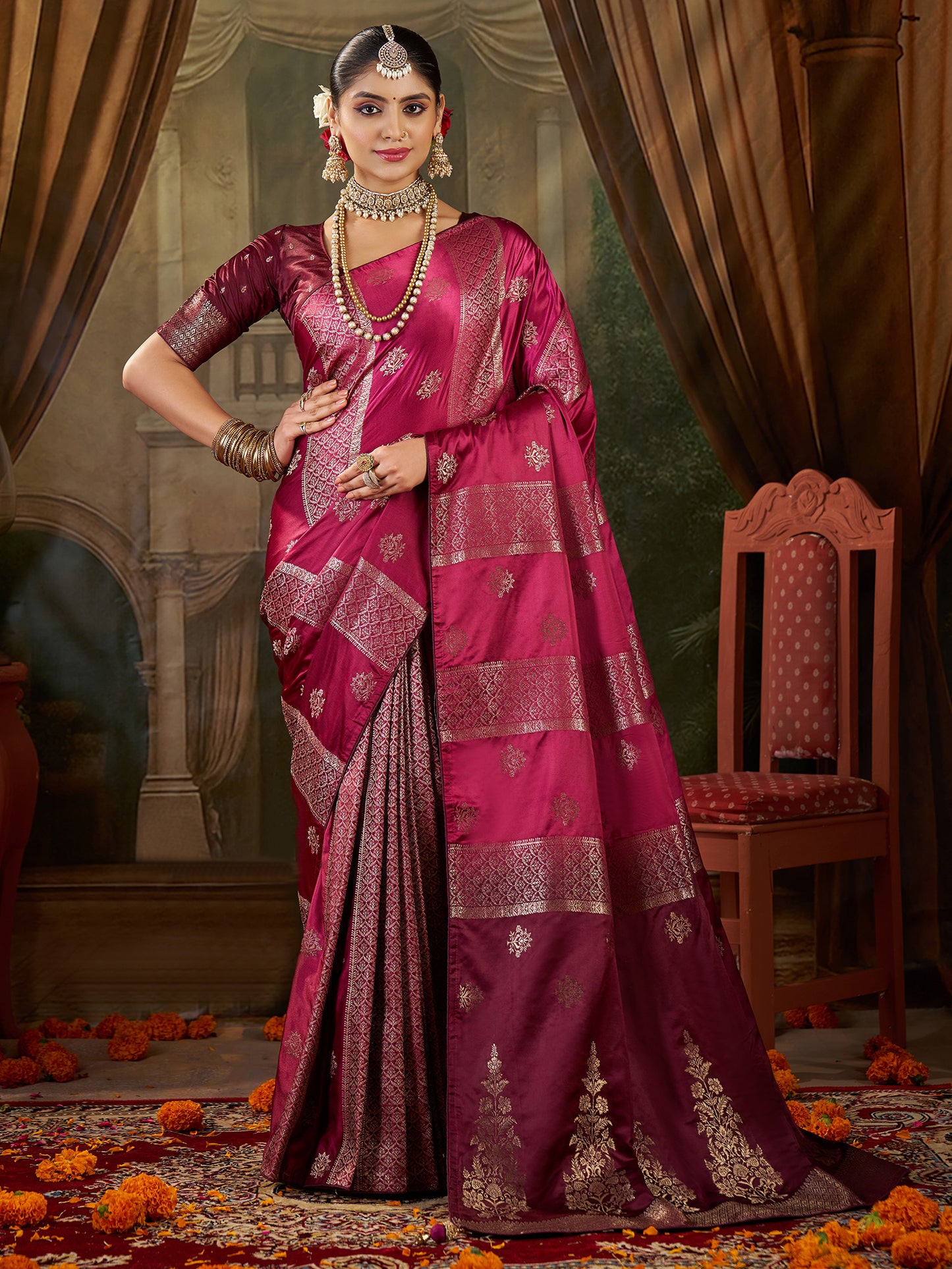 Women's Satin Silk Magenta Woven Design Designer Saree With Blouse Piece