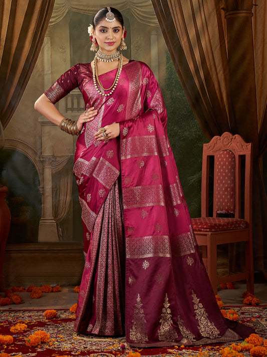 Women's Satin Silk Magenta Woven Design Designer Saree With Blouse Piece