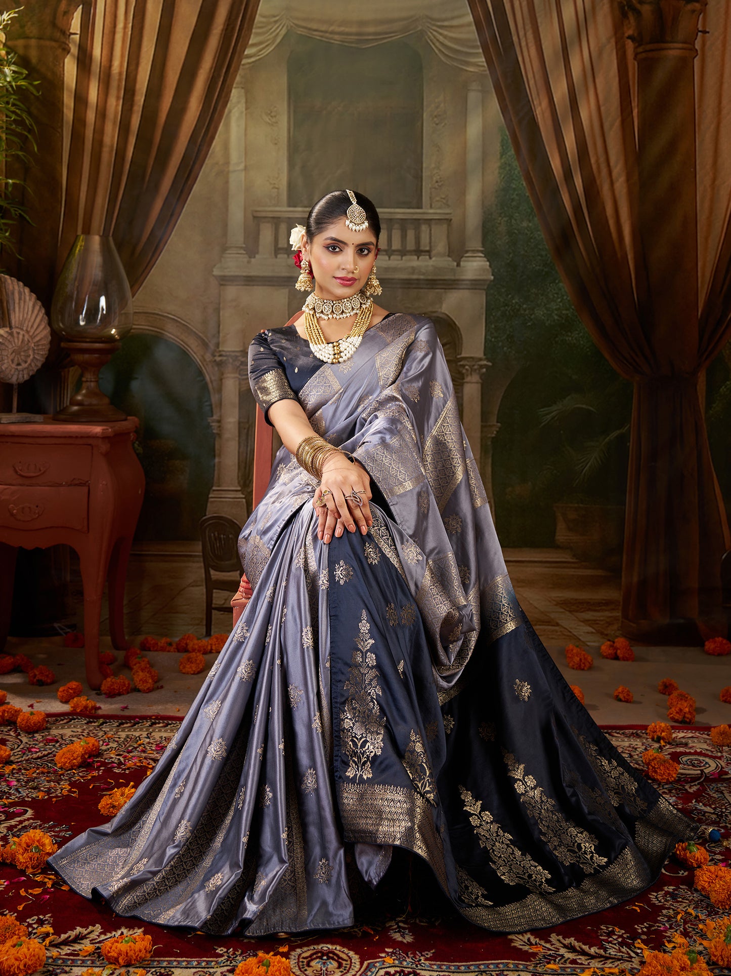 Women's Satin Silk Grey Woven Design Designer Saree With Blouse Piece