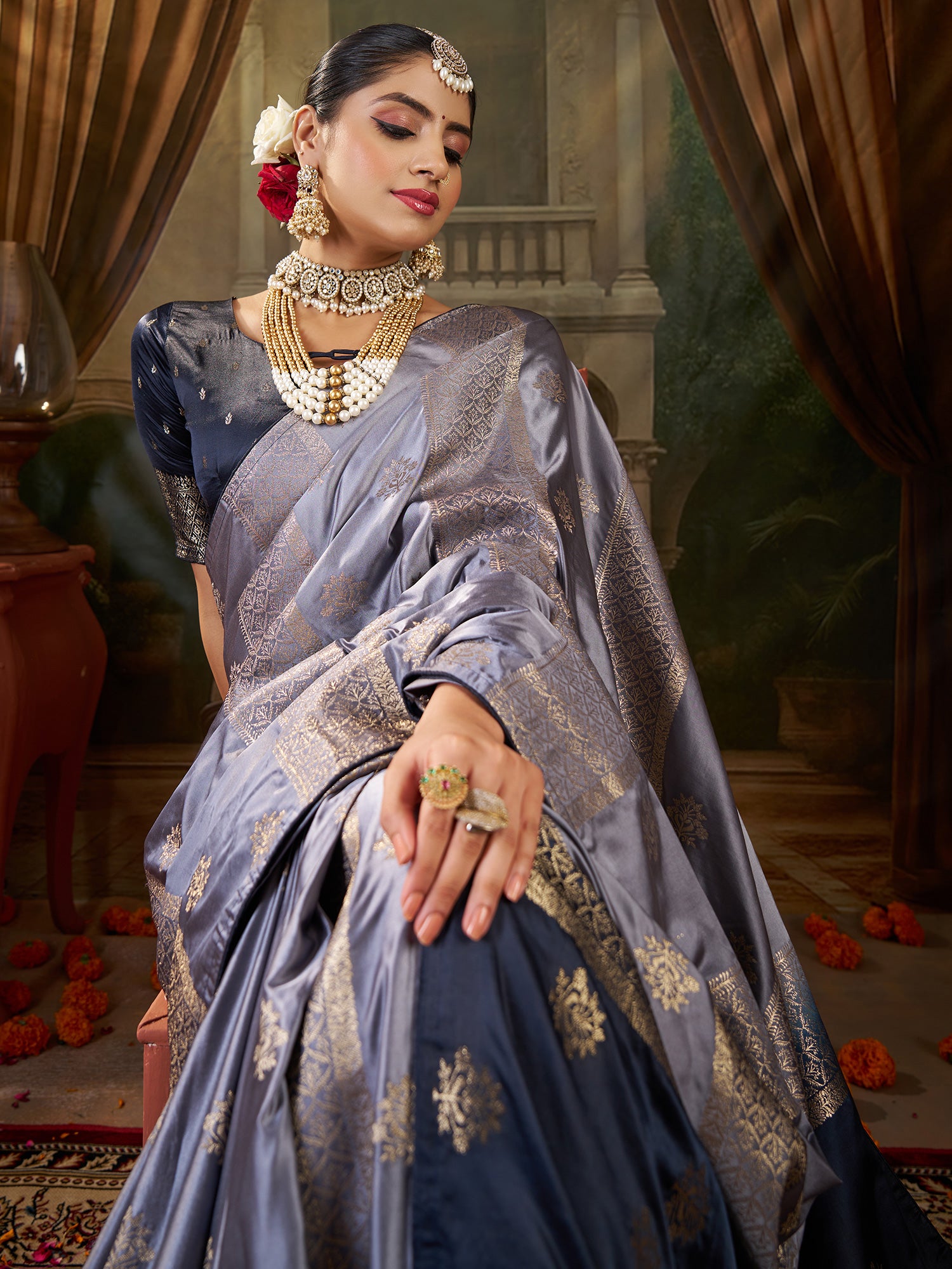 Women's Satin Silk Grey Woven Design Designer Saree With Blouse Piece