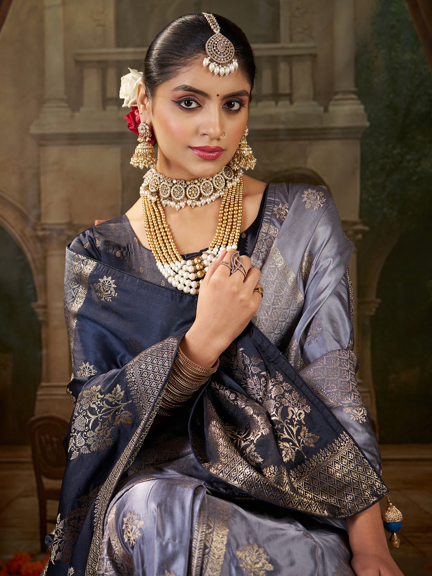 Women's Satin Silk Grey Woven Design Designer Saree With Blouse Piece