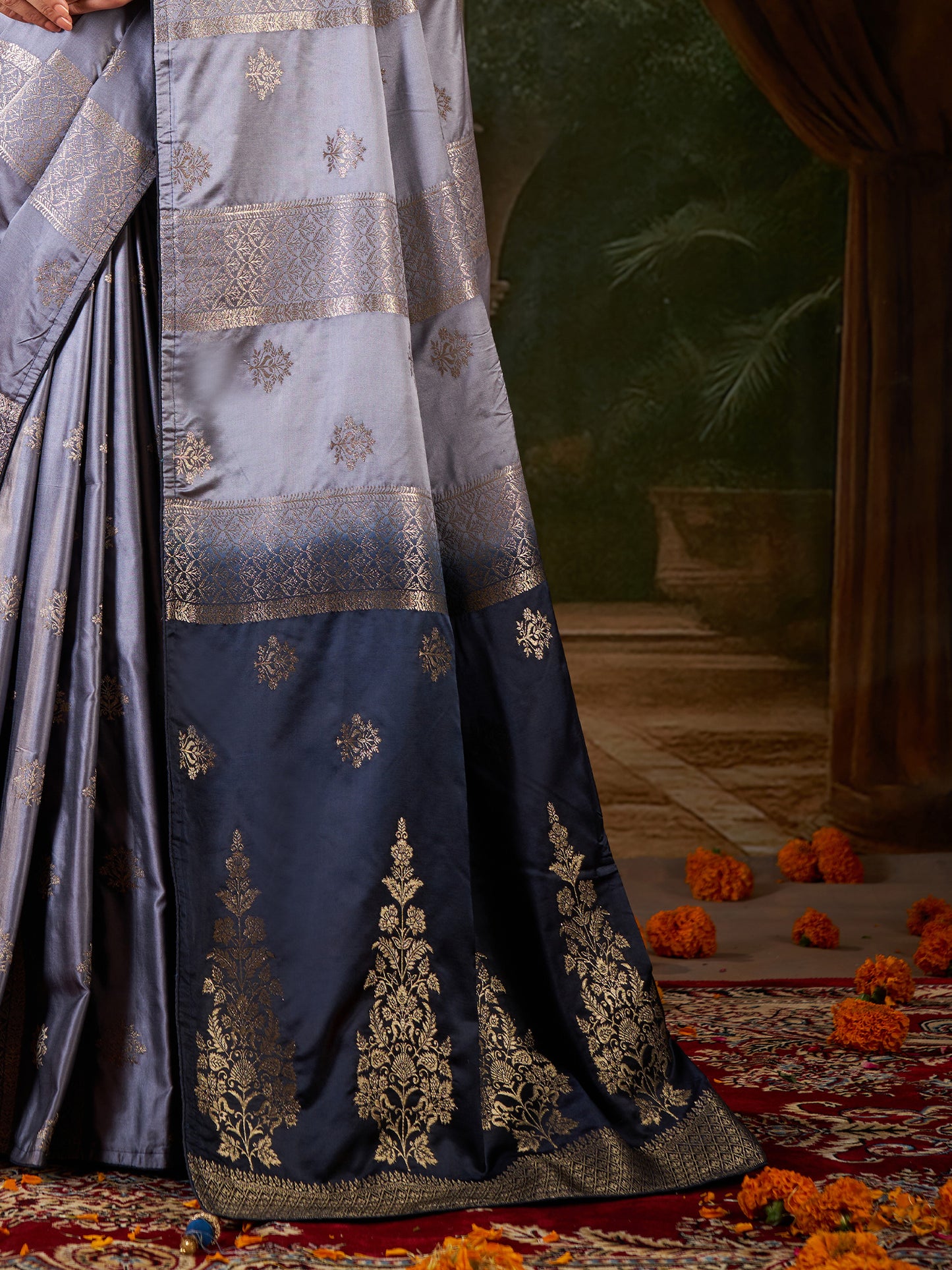 Women's Satin Silk Grey Woven Design Designer Saree With Blouse Piece