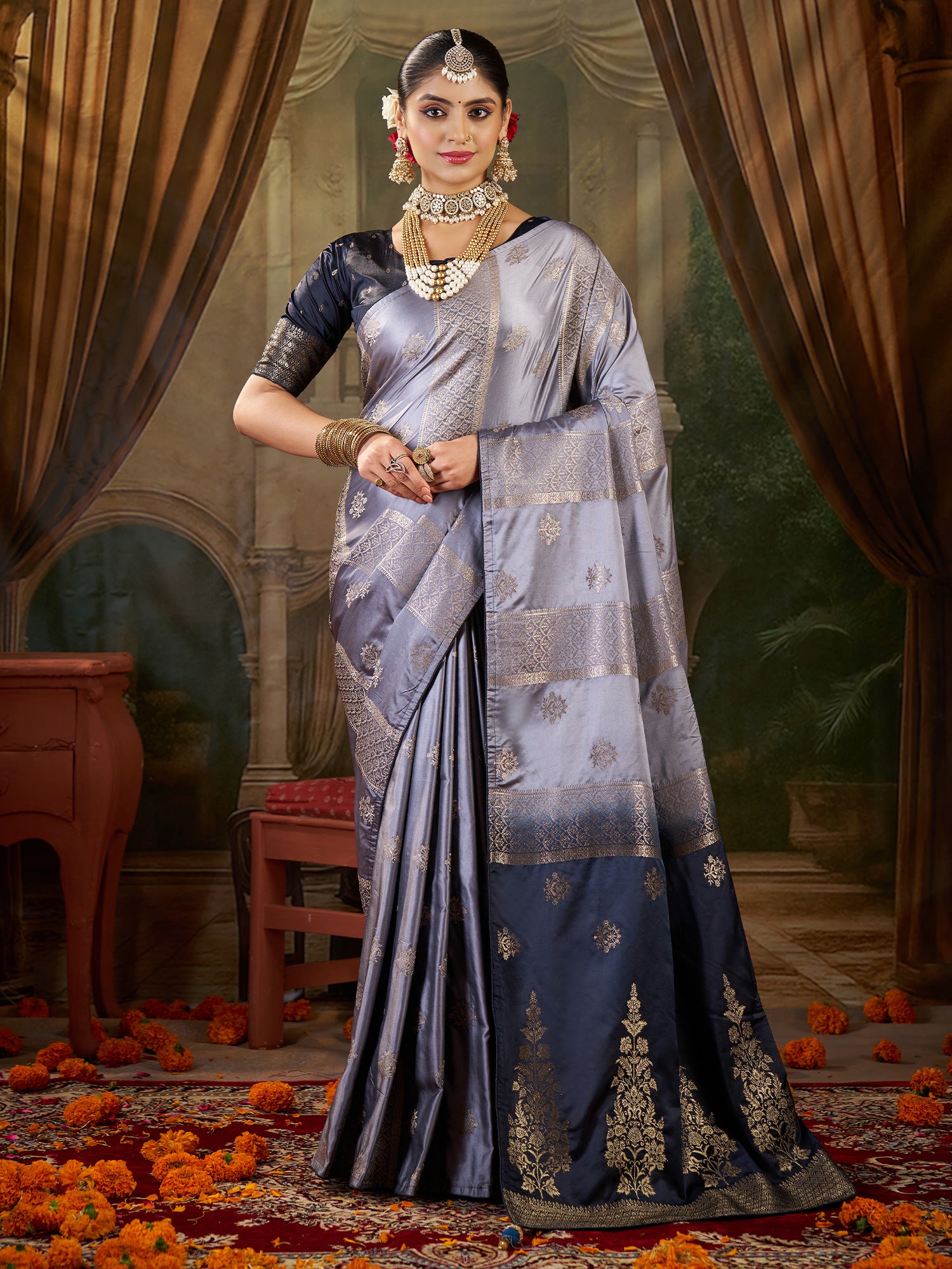 Women's Satin Silk Grey Woven Design Designer Saree With Blouse Piece