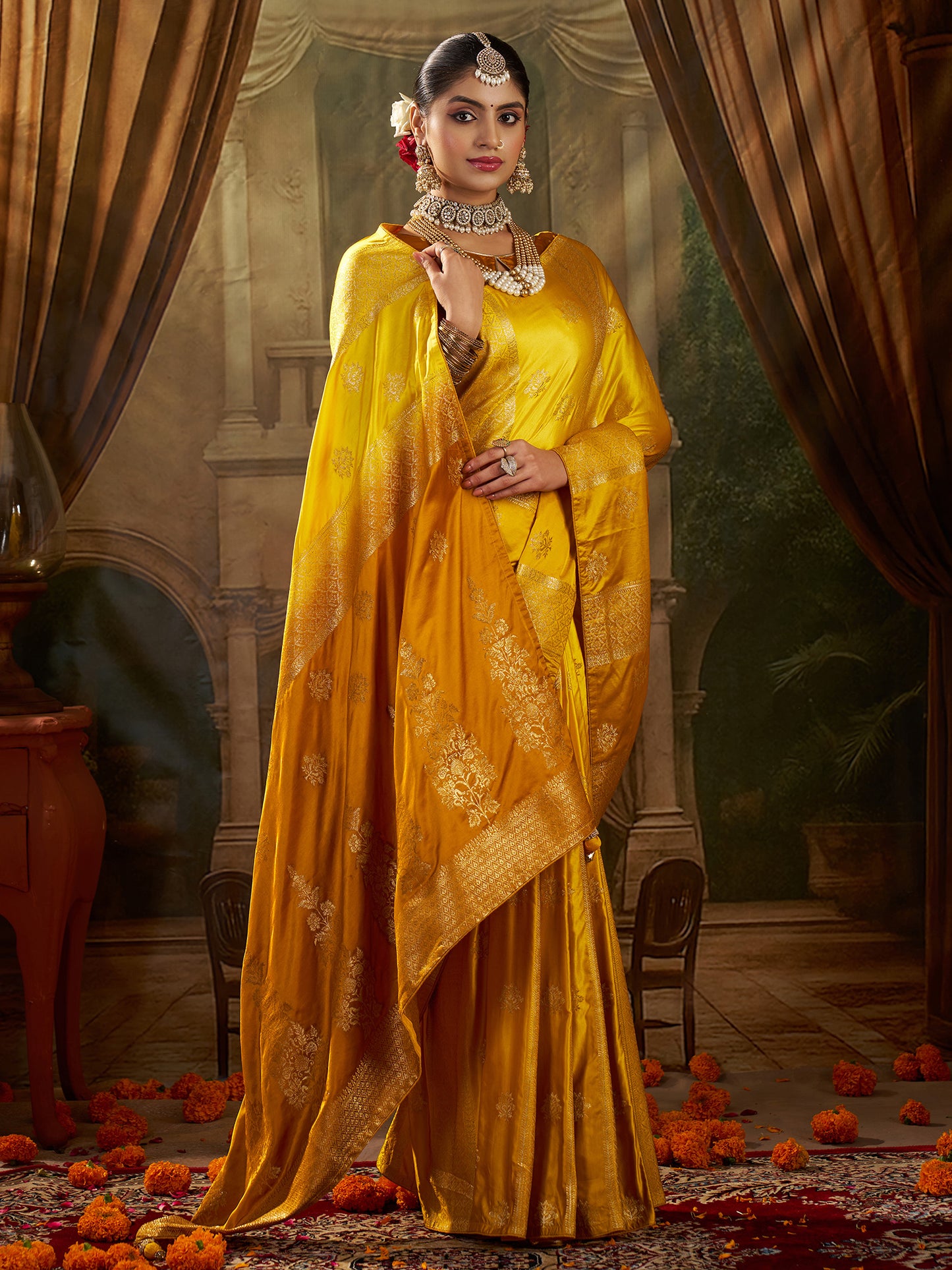 Women's Satin Silk Yellow Woven Design Designer Saree With Blouse Piece