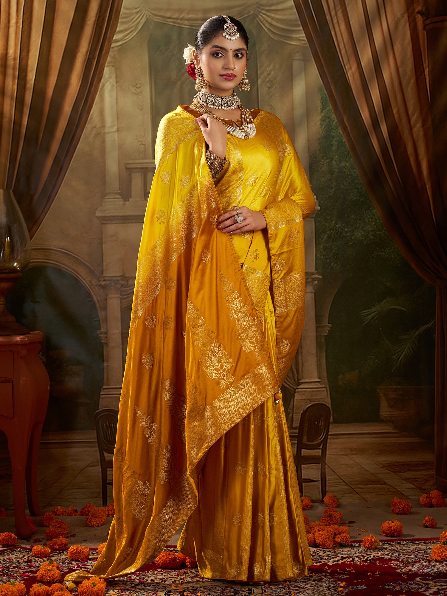 Women's Satin Silk Yellow Woven Design Designer Saree With Blouse Piece