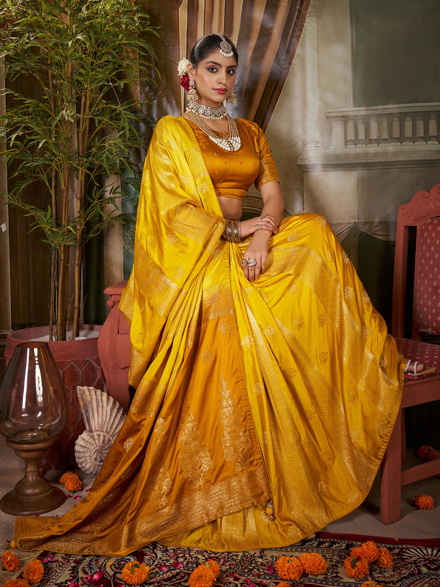 Women's Satin Silk Yellow Woven Design Designer Saree With Blouse Piece