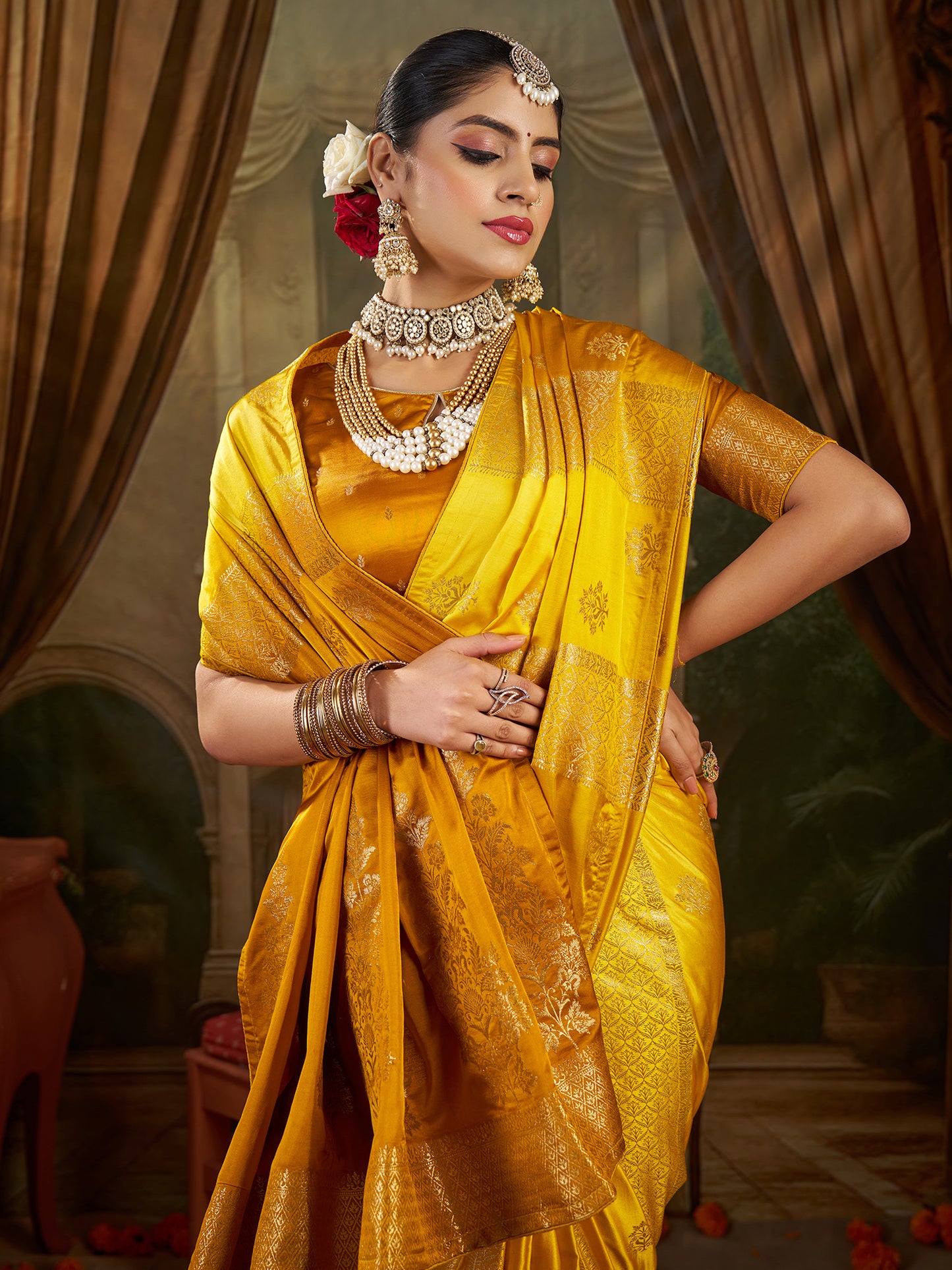 Women's Satin Silk Yellow Woven Design Designer Saree With Blouse Piece