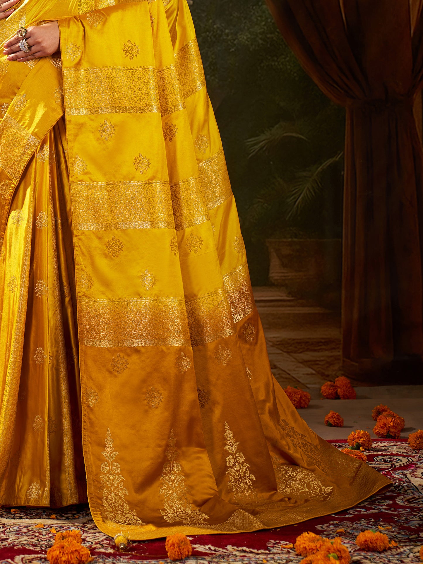 Women's Satin Silk Yellow Woven Design Designer Saree With Blouse Piece