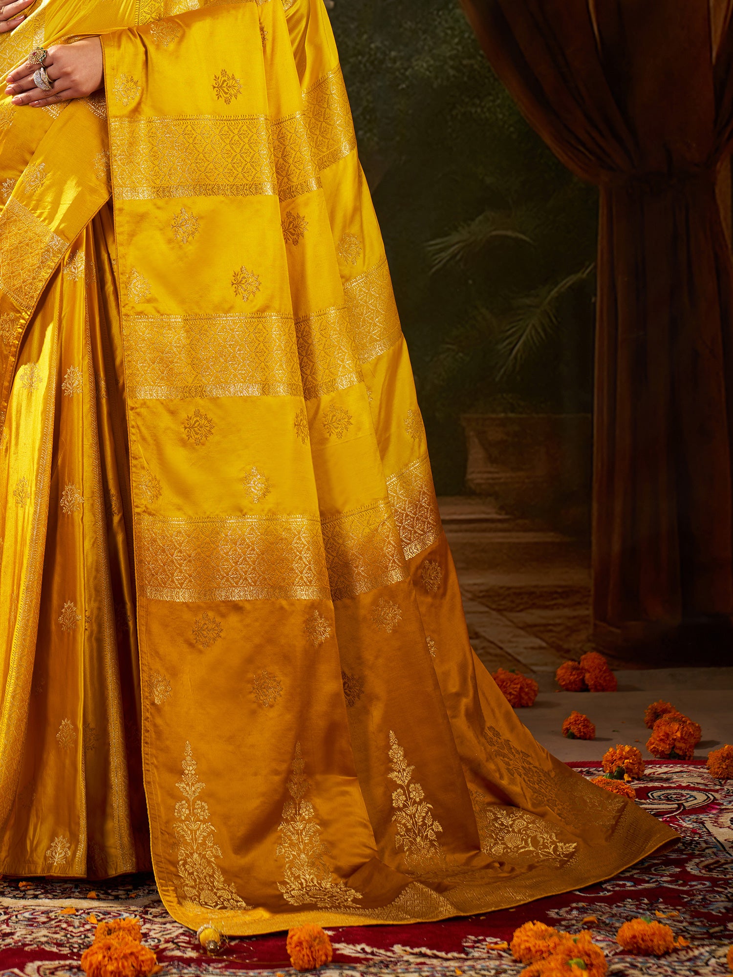 Women's Satin Silk Yellow Woven Design Designer Saree With Blouse Piece