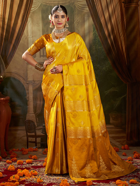Women's Satin Silk Yellow Woven Design Designer Saree With Blouse Piece
