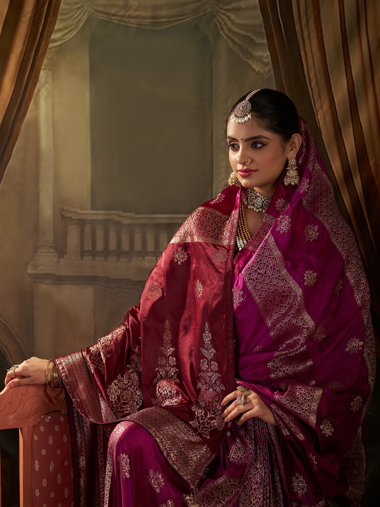 Women's Satin Silk Wine Woven Design Designer Saree With Blouse Piece