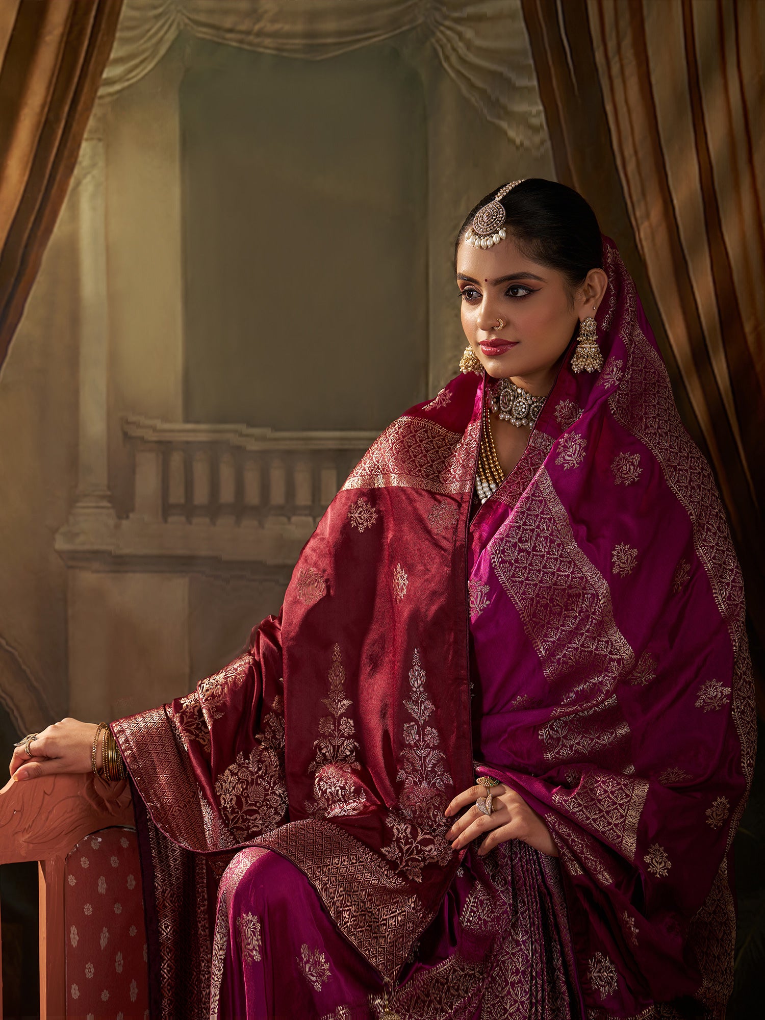 Women's Satin Silk Wine Woven Design Designer Saree With Blouse Piece