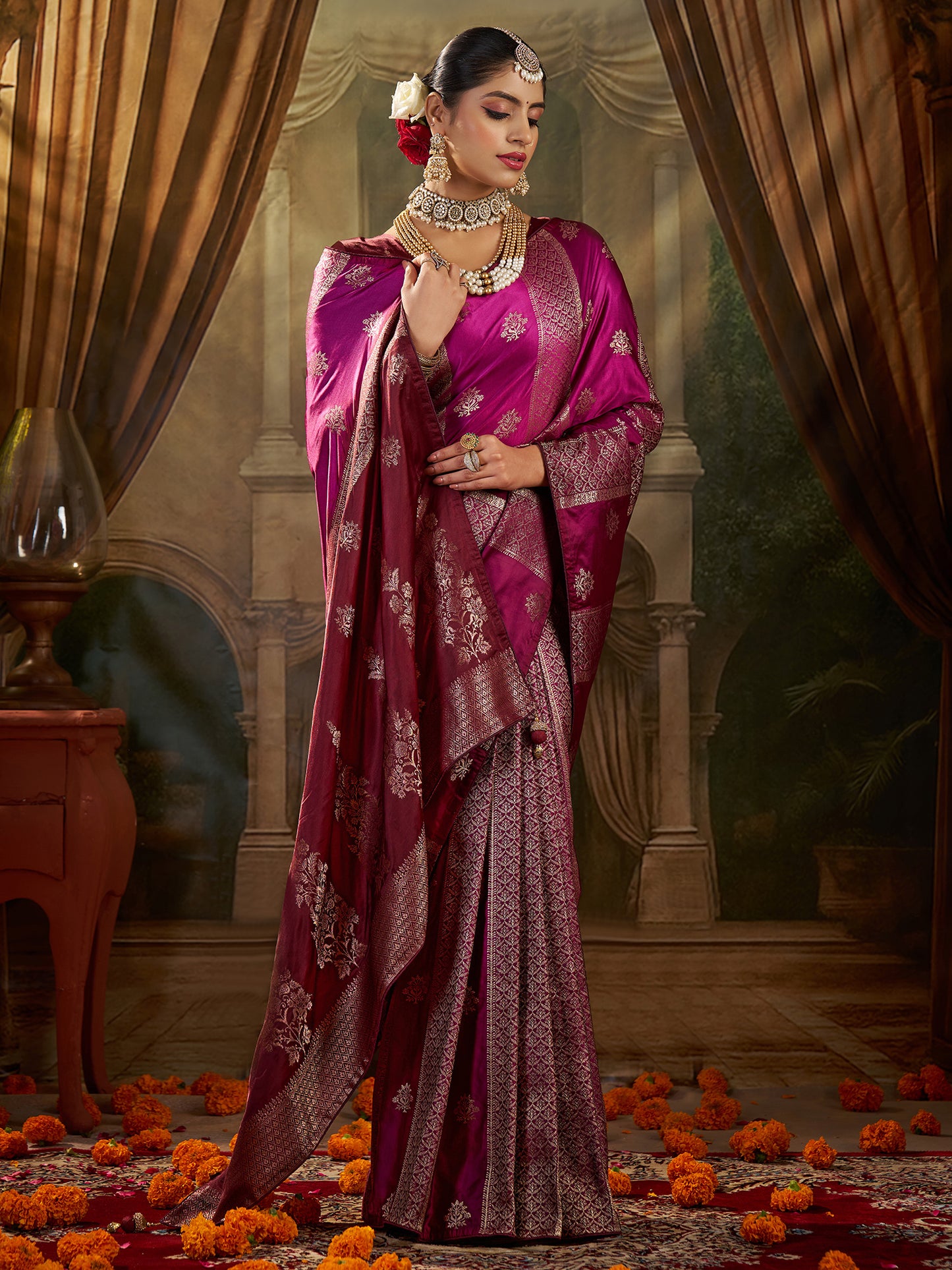 Women's Satin Silk Wine Woven Design Designer Saree With Blouse Piece