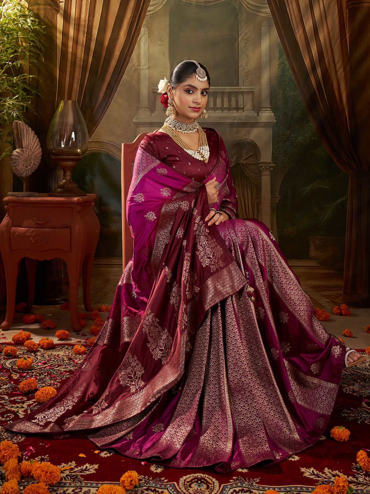 Women's Satin Silk Wine Woven Design Designer Saree With Blouse Piece