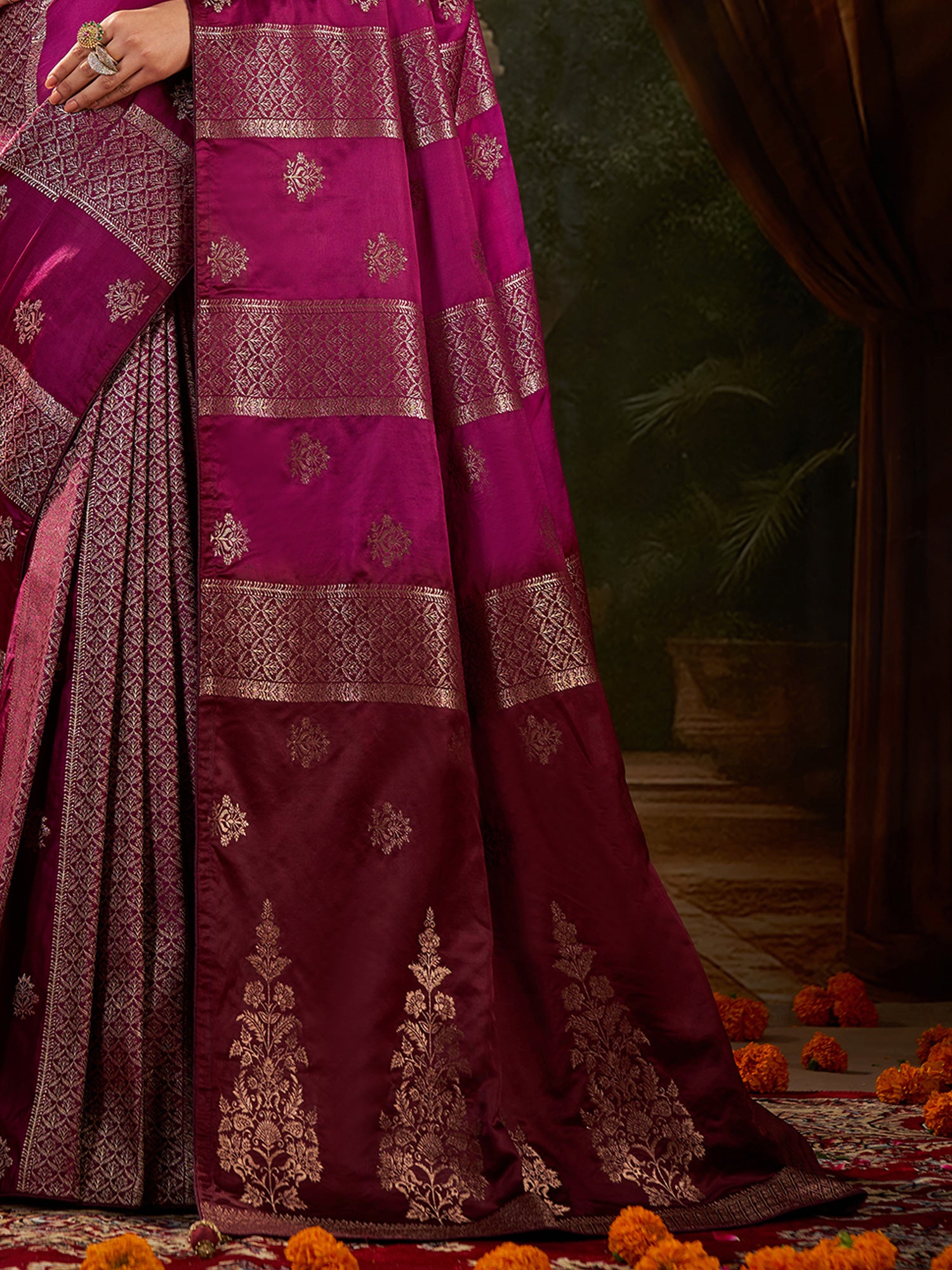 Women's Satin Silk Wine Woven Design Designer Saree With Blouse Piece