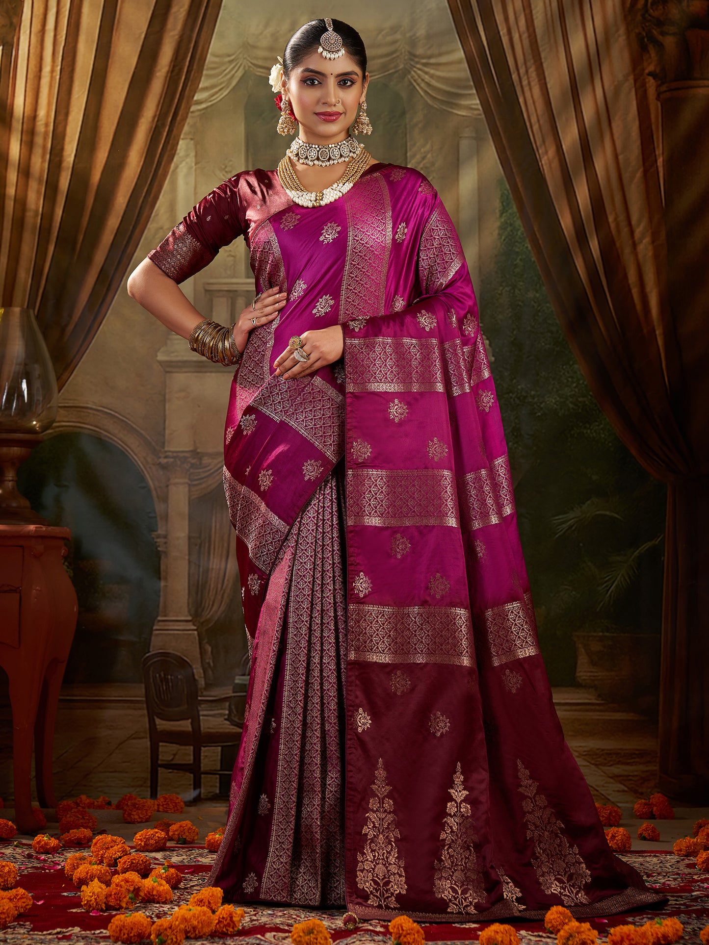 Women's Satin Silk Wine Woven Design Designer Saree With Blouse Piece