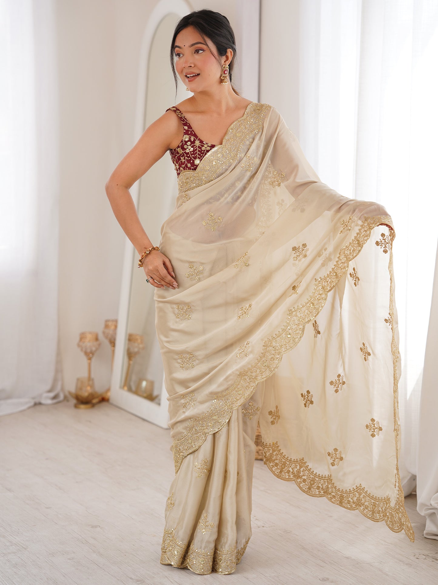 Women's Georgette Cream Embellished Designer Saree With Blouse Piece