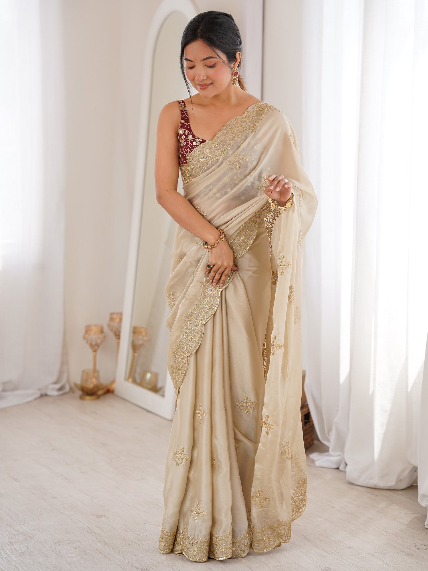 Women's Georgette Cream Embellished Designer Saree With Blouse Piece