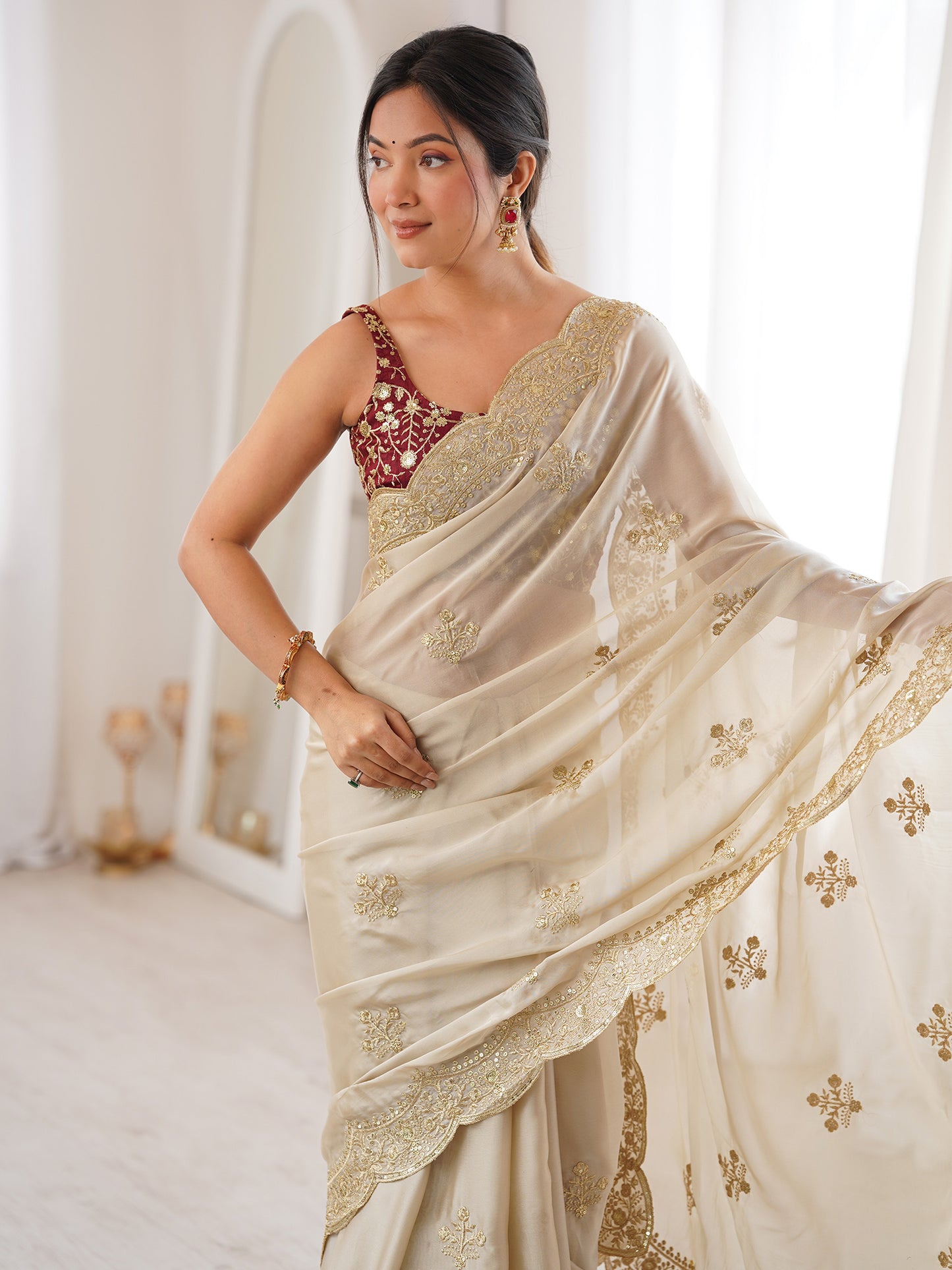 Women's Georgette Cream Embellished Designer Saree With Blouse Piece