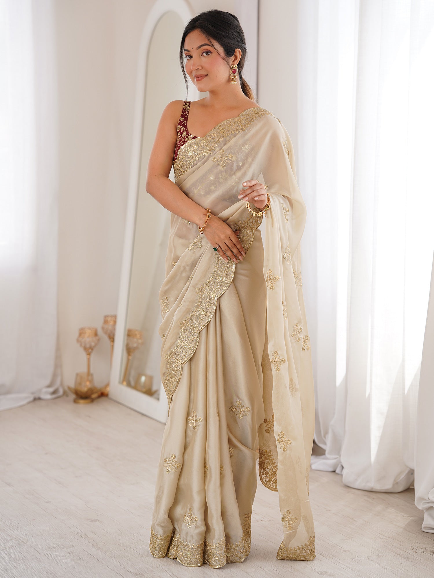 Women's Georgette Cream Embellished Designer Saree With Blouse Piece