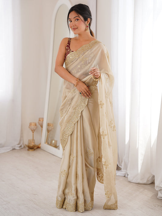 Women's Georgette Cream Embellished Designer Saree With Blouse Piece