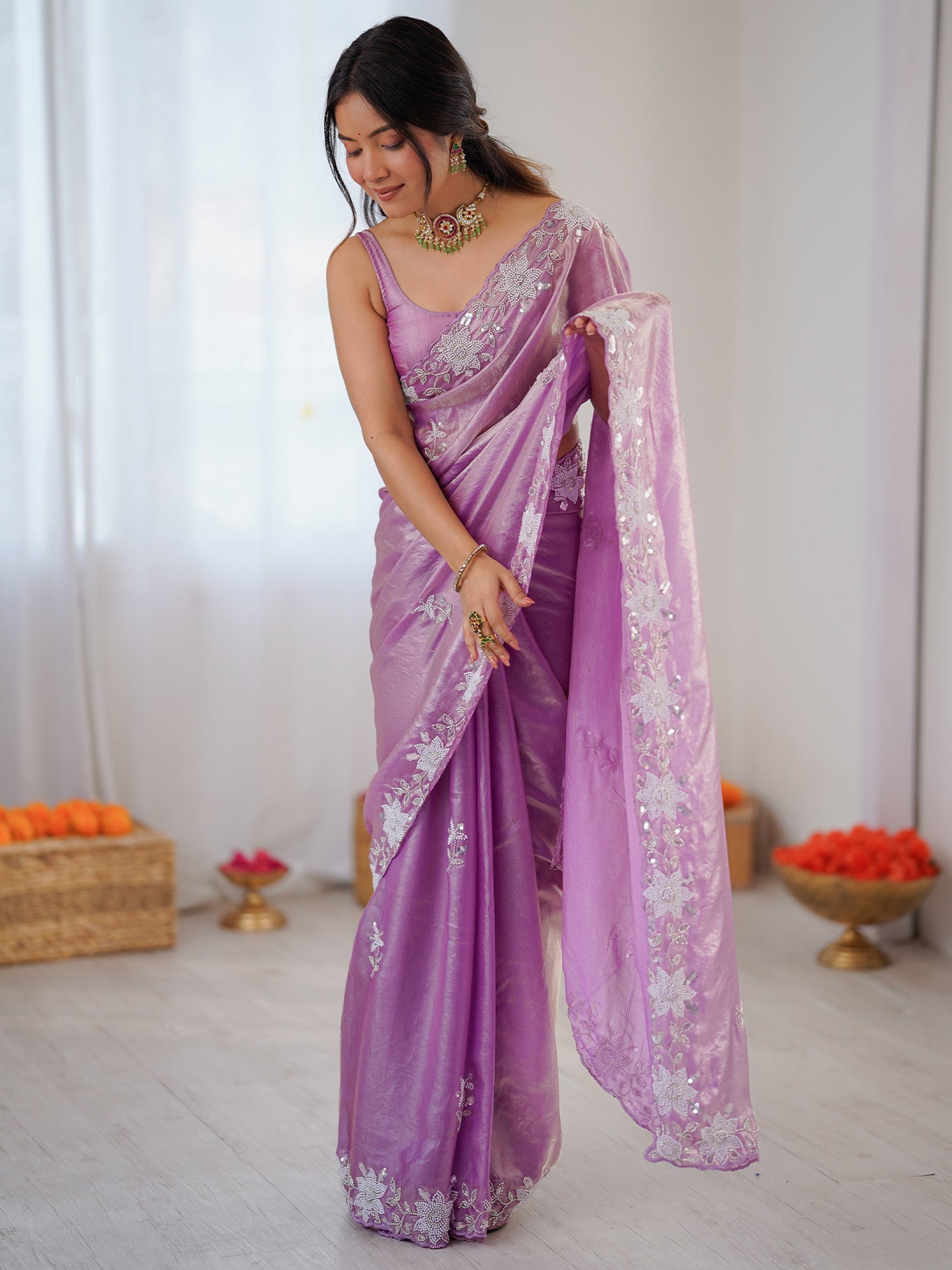 Women's Satin Mauve Embellished Designer Saree With Blouse Piece