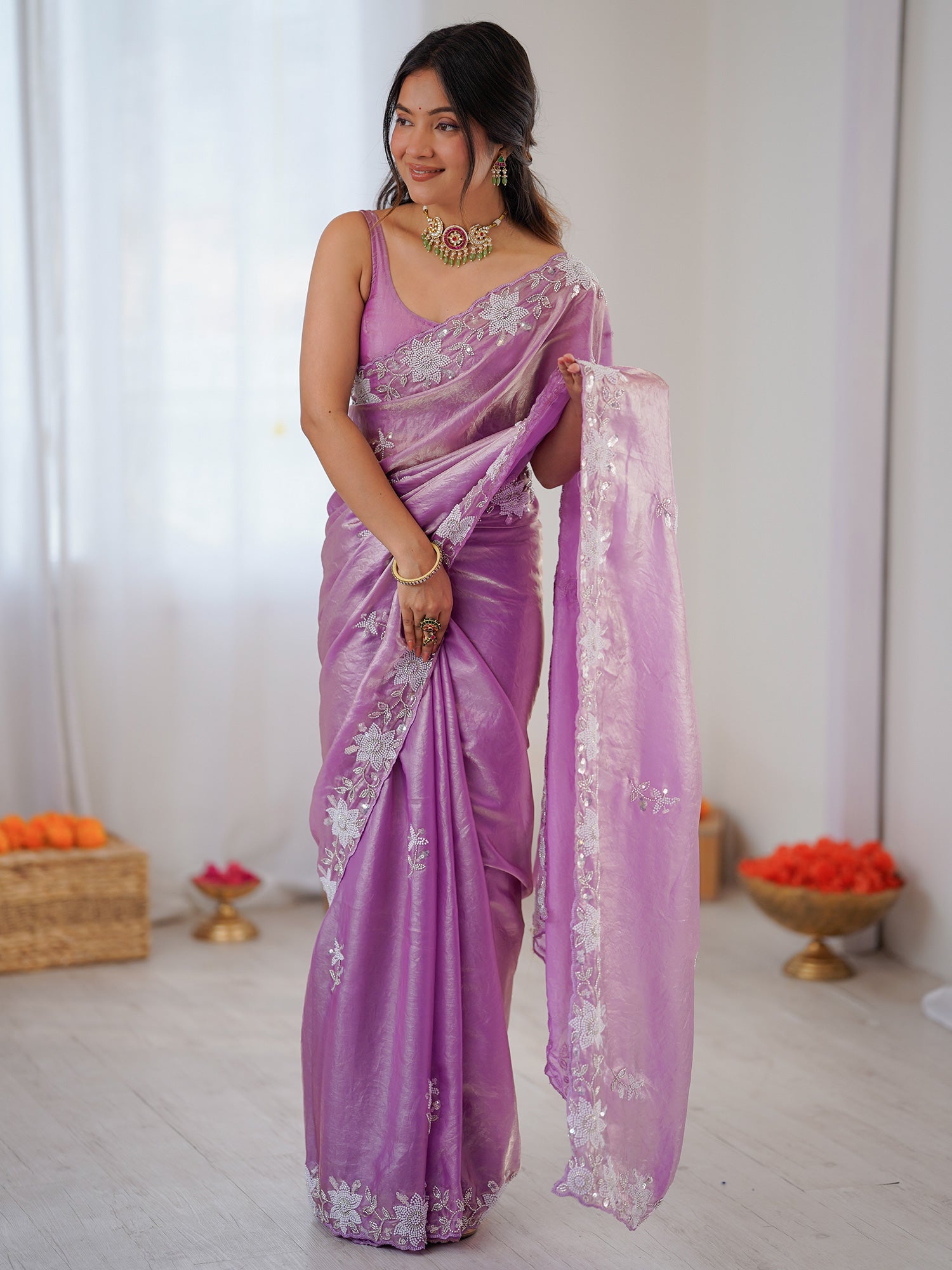 Women's Satin Mauve Embellished Designer Saree With Blouse Piece