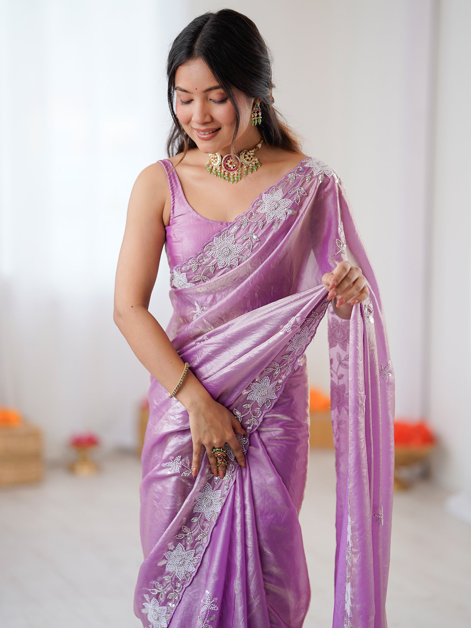 Women's Satin Mauve Embellished Designer Saree With Blouse Piece