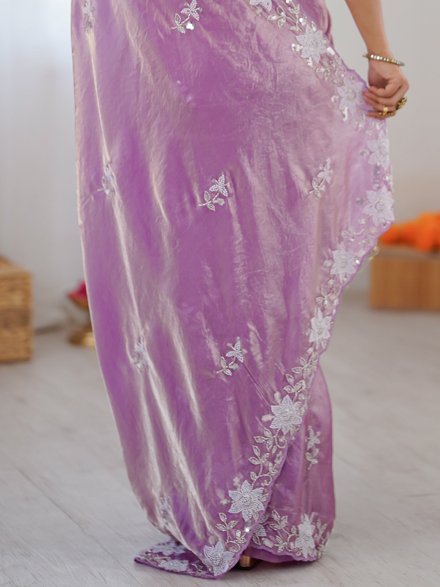 Women's Satin Mauve Embellished Designer Saree With Blouse Piece