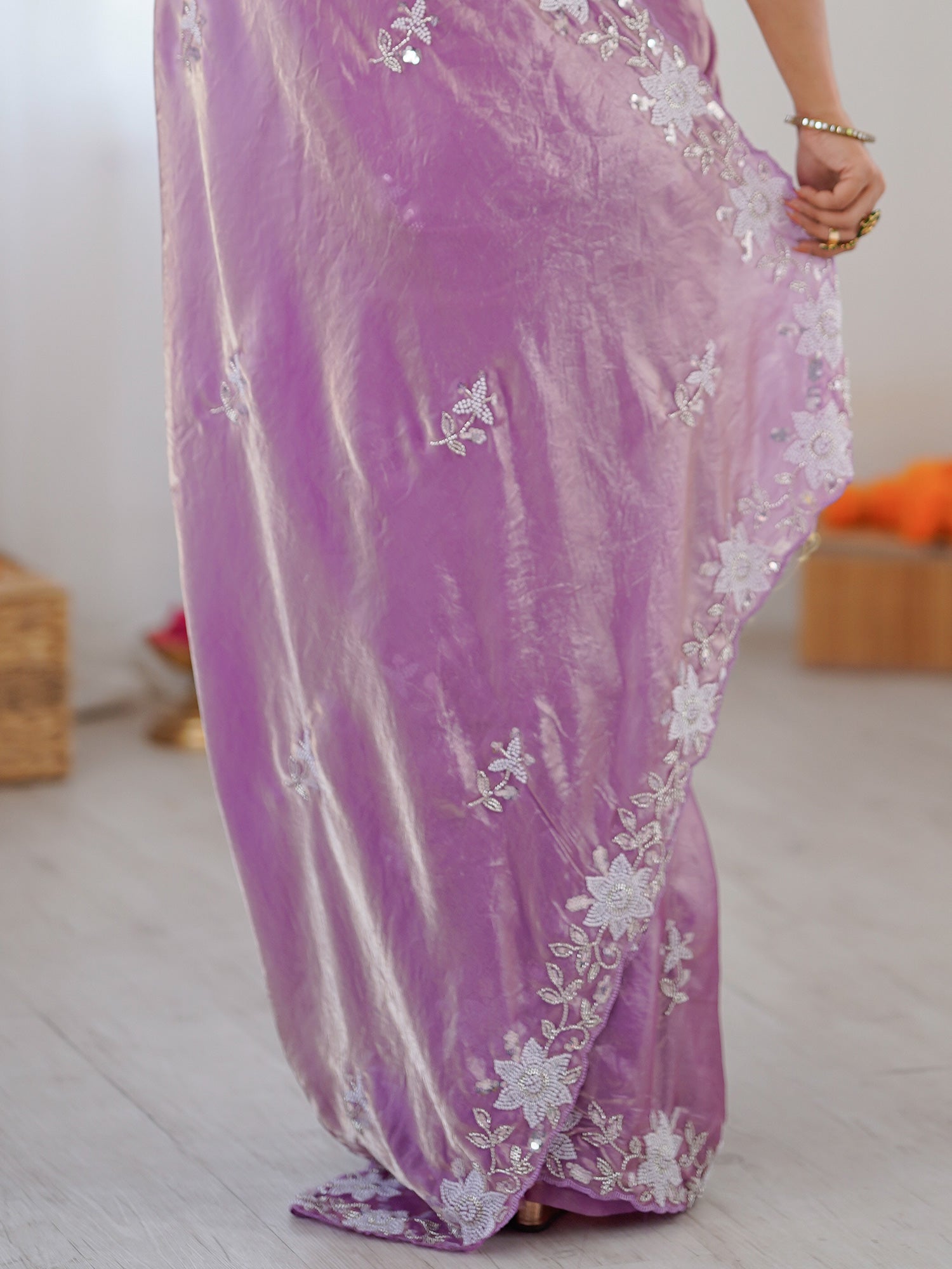 Women's Satin Mauve Embellished Designer Saree With Blouse Piece
