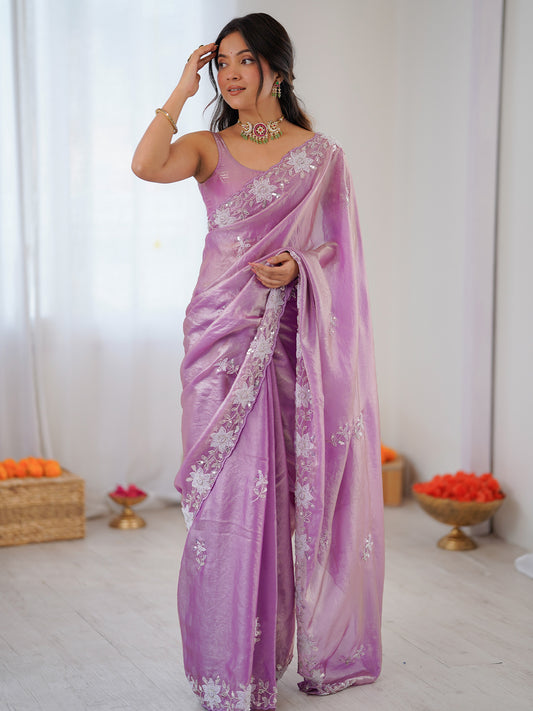 Women's Satin Mauve Embellished Designer Saree With Blouse Piece