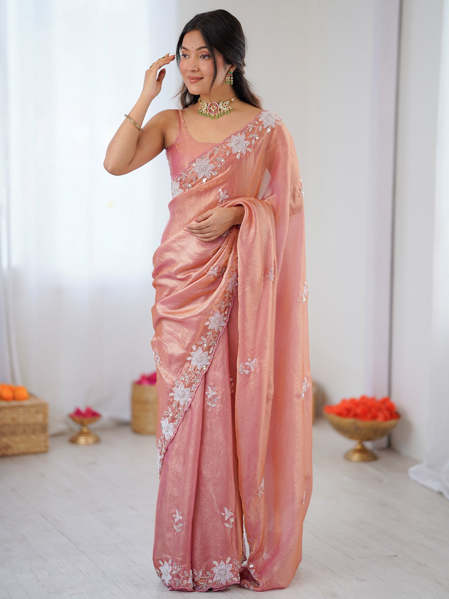 Women's Satin Peach Embellished Designer Saree With Blouse Piece