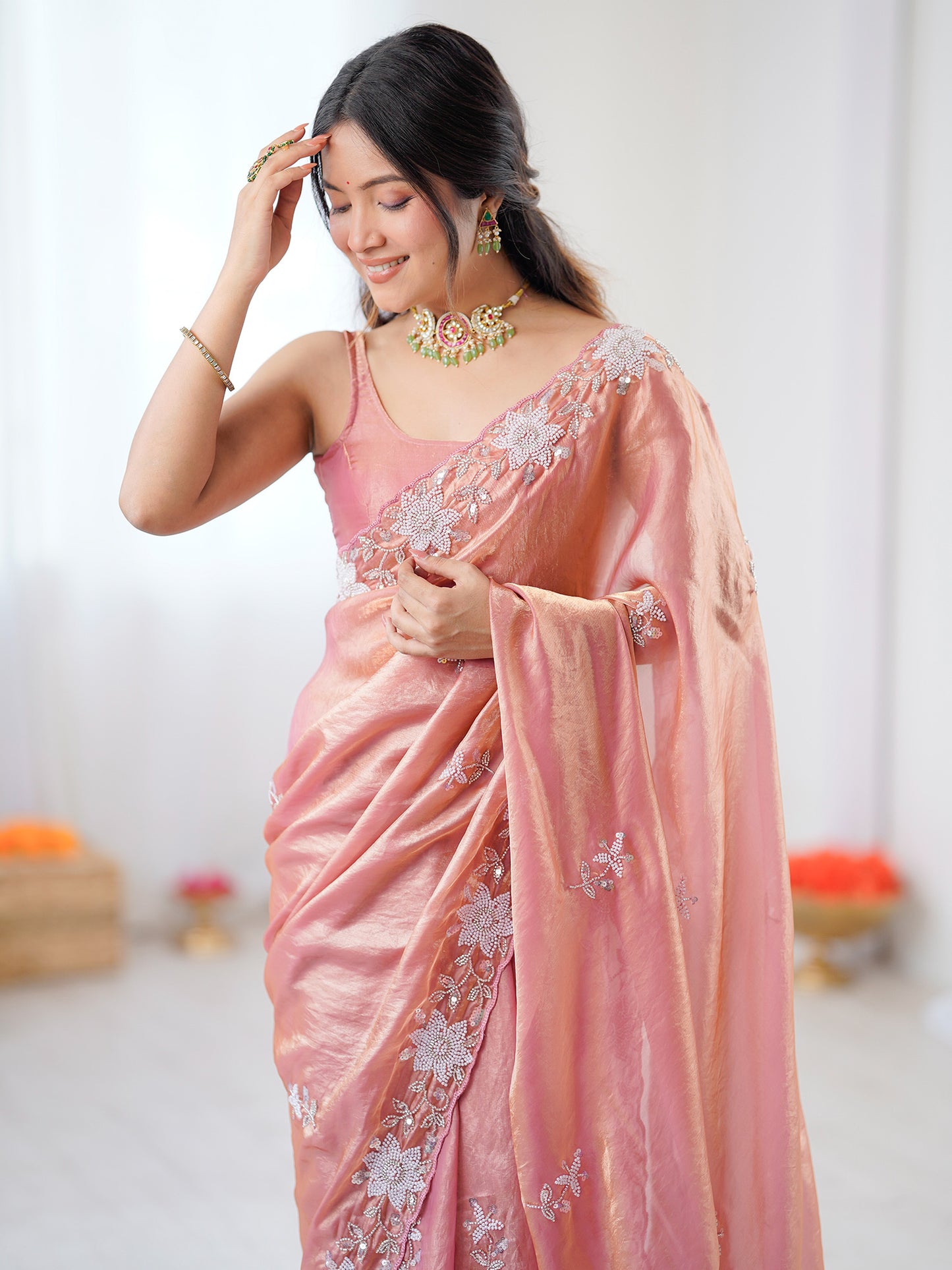 Women's Satin Peach Embellished Designer Saree With Blouse Piece