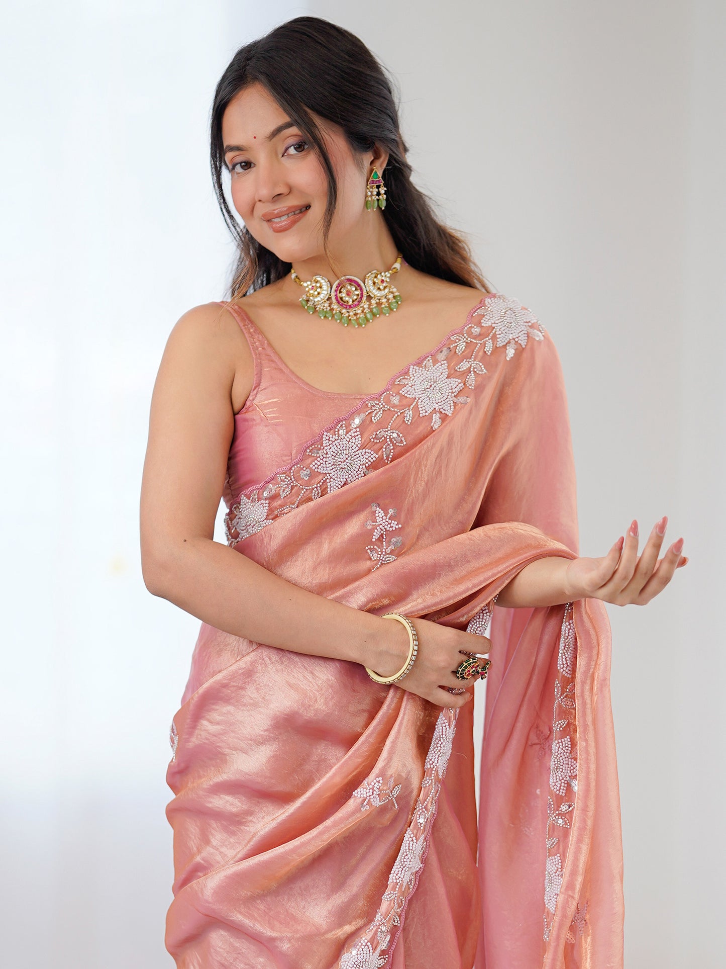 Women's Satin Peach Embellished Designer Saree With Blouse Piece