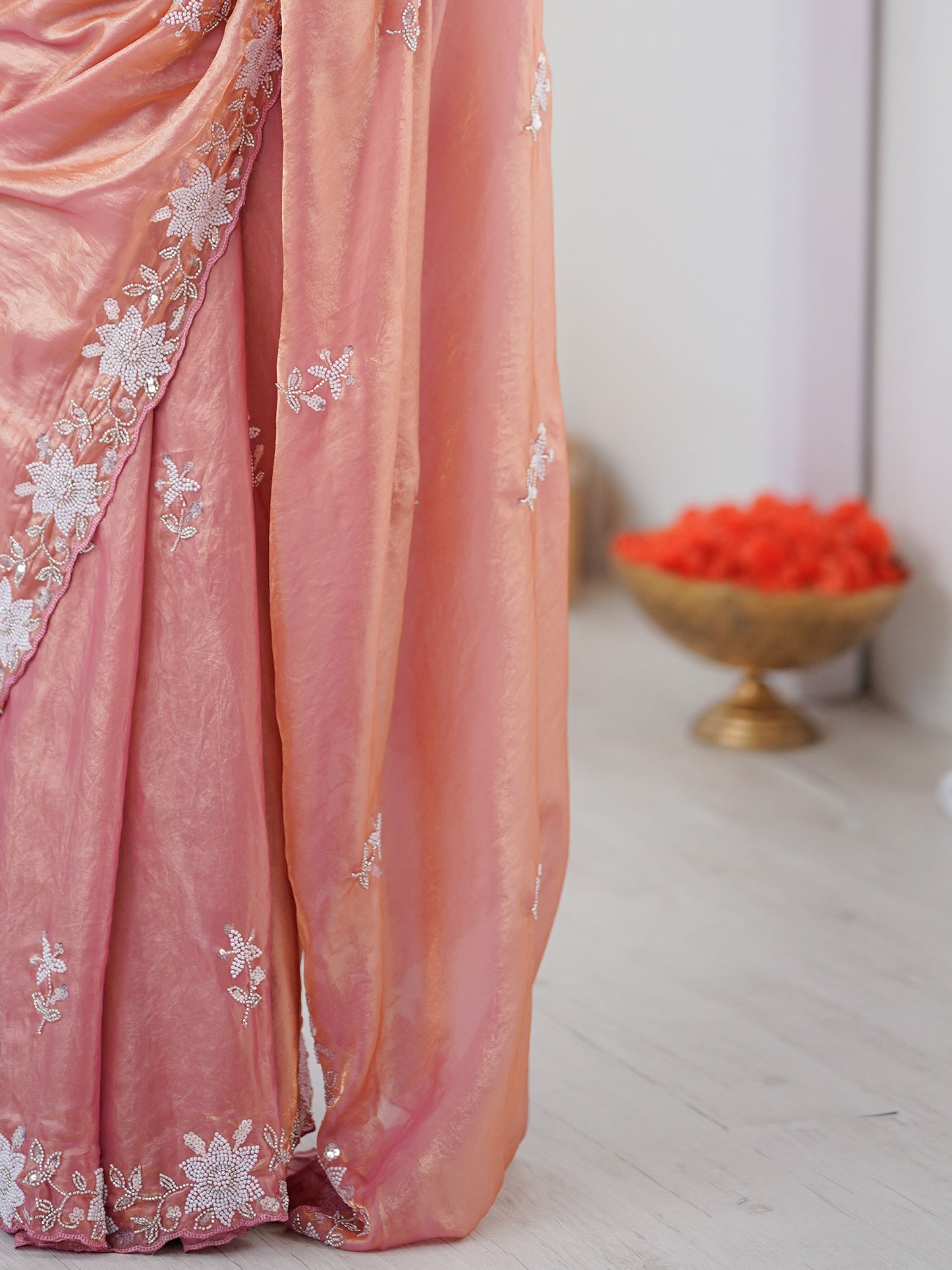 Women's Satin Peach Embellished Designer Saree With Blouse Piece